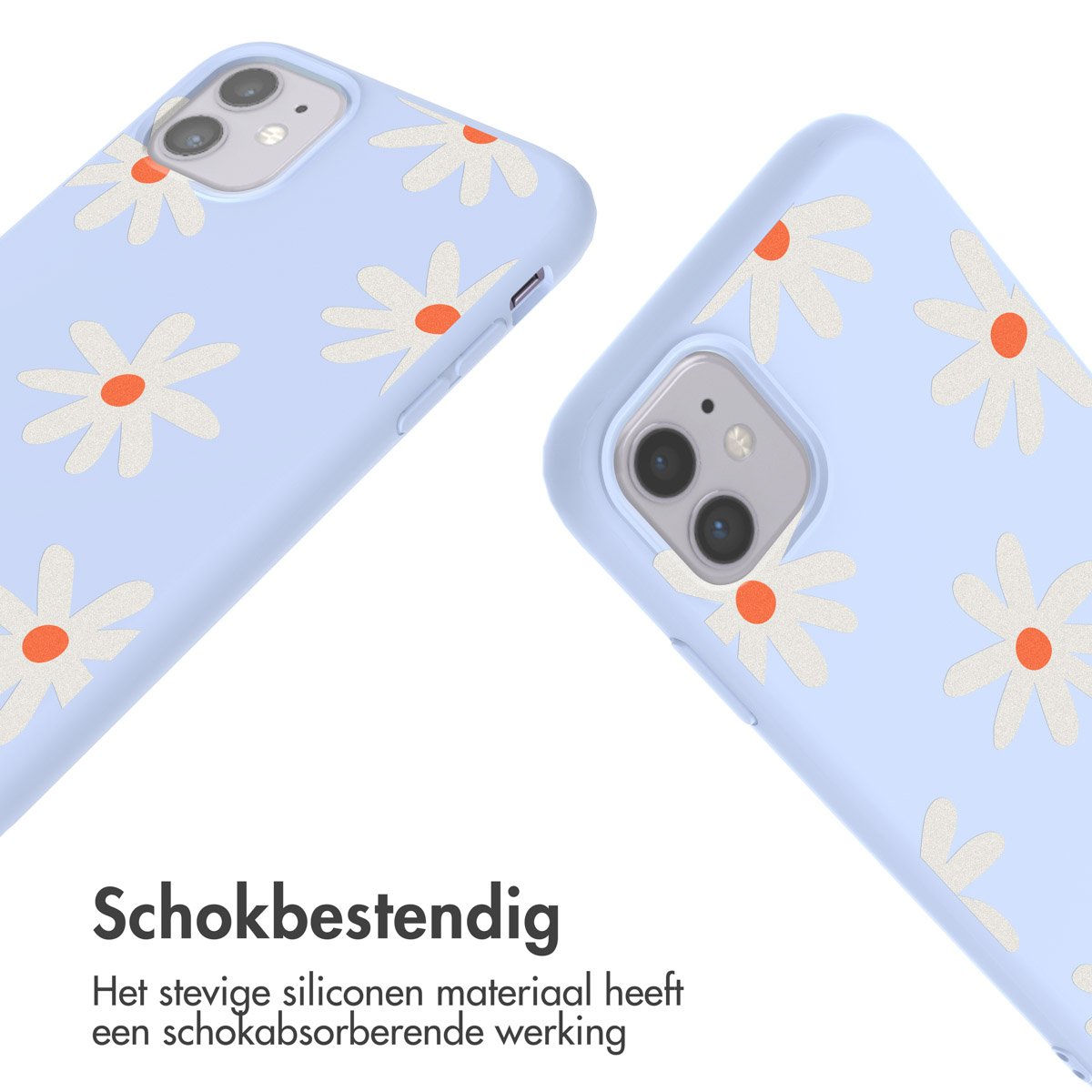 Twee lichtblauwe telefoonhoesjes met witte madeliefpatronen en oranje centers, schuine weergave.
