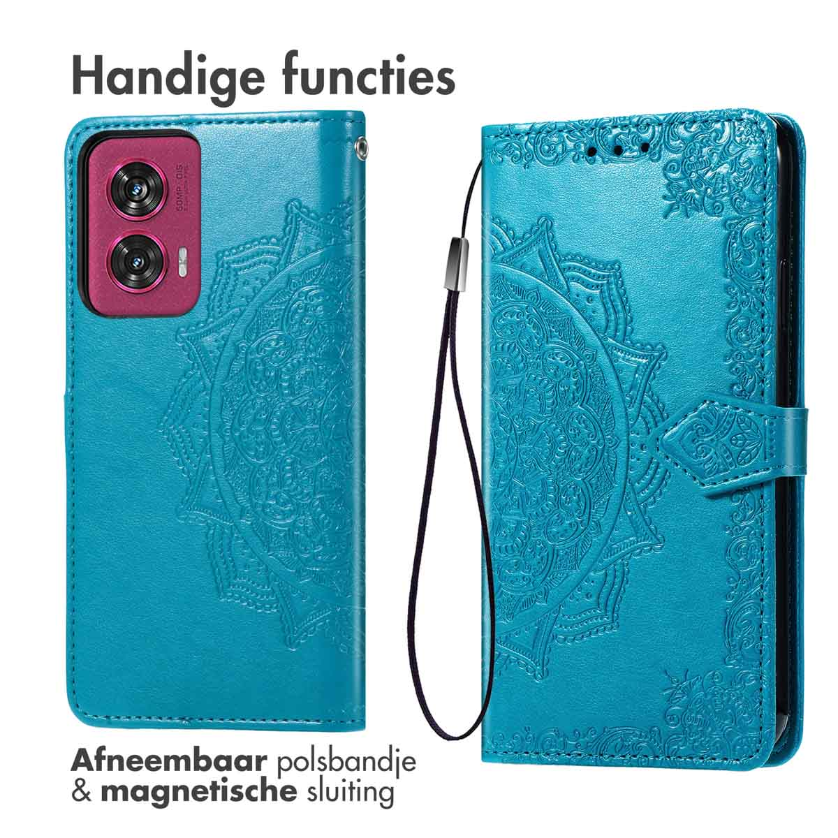 IMOSHION Mandala Bookcase - Geschikt voor Motorola Edge 50 Fusion - Telefoonhoesje voor Motorola Motorola Edge 50 Fusion Turquoise