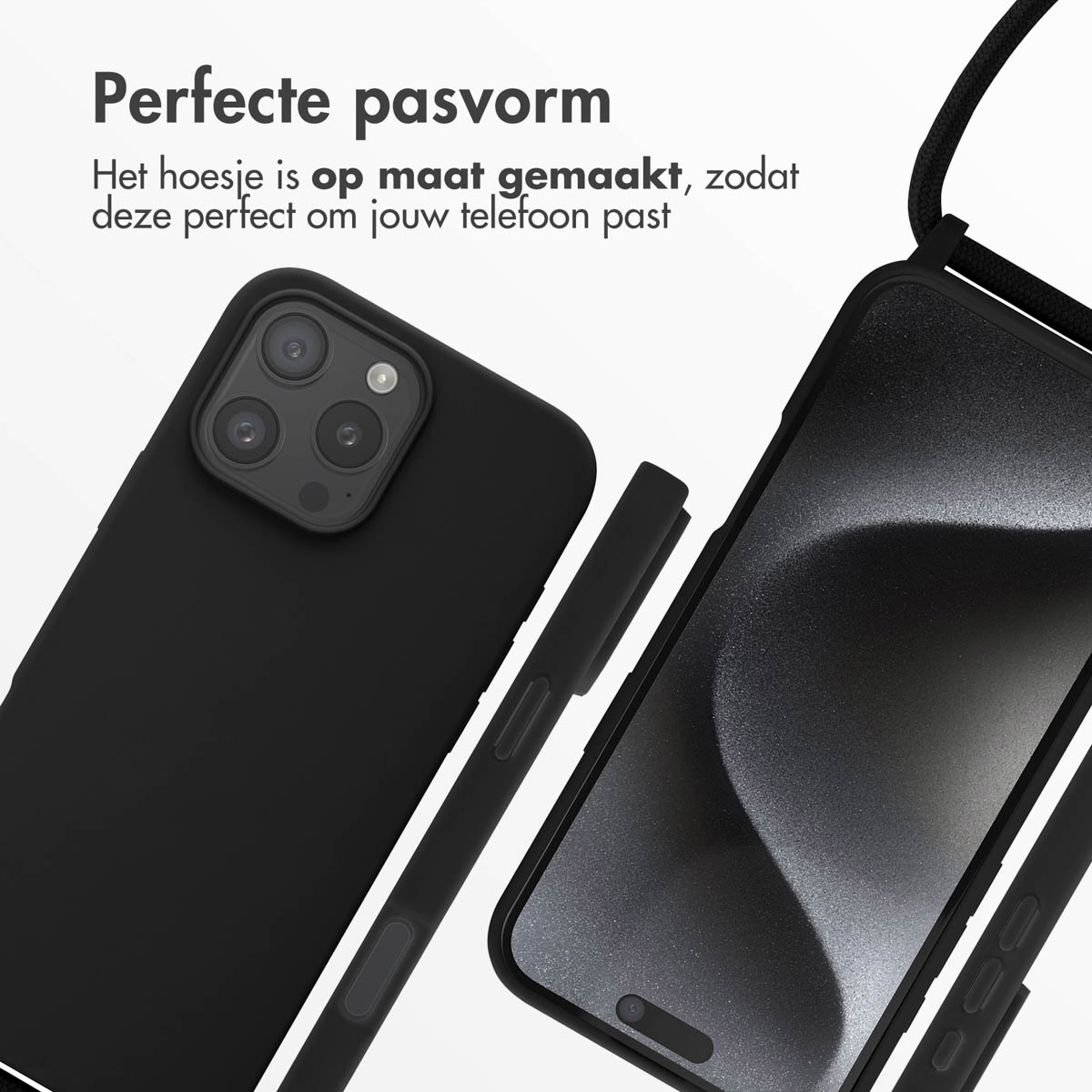 Black phone cases. One is open, showing the phone. Text says 'Perfect fit'.