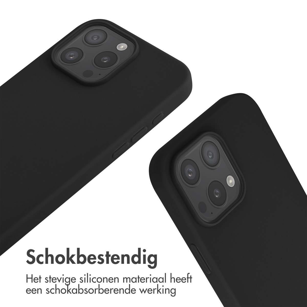 Two black phone cases with raised camera bumps. Text: Shock resistant.