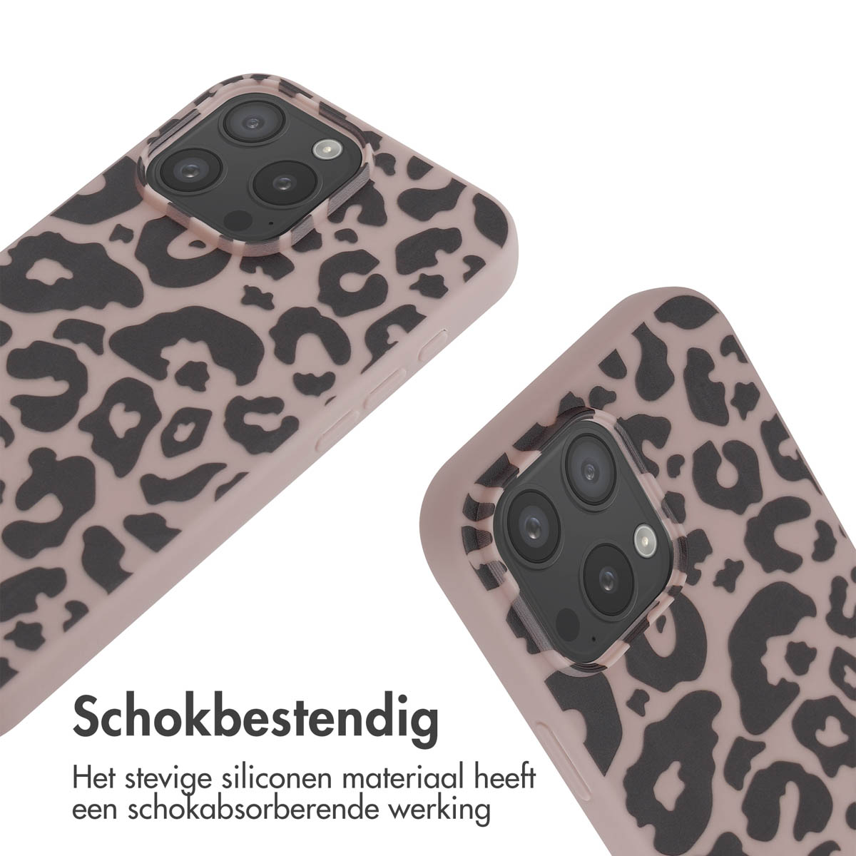 Twee telefoonhoesjes met luipaardprint, met camera-uitsparingen. Tekst: Schokbestendig, met schokabsorberend materiaal.