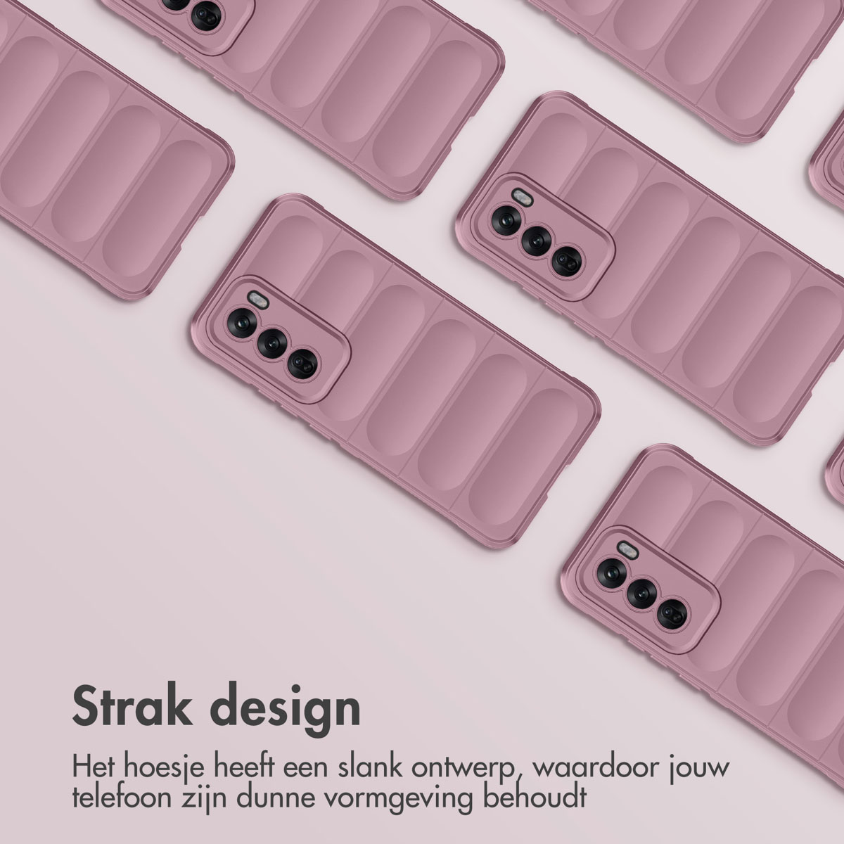 Coques de téléphone roses avec un design matelassé. Texte : Strak design (design épuré).