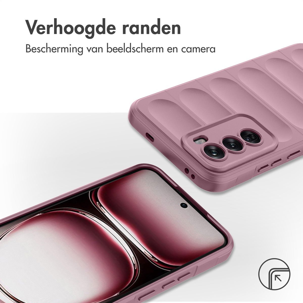 Une coque de téléphone rose avec des bords surélevés. Un téléphone est à l'intérieur, montrant la caméra.