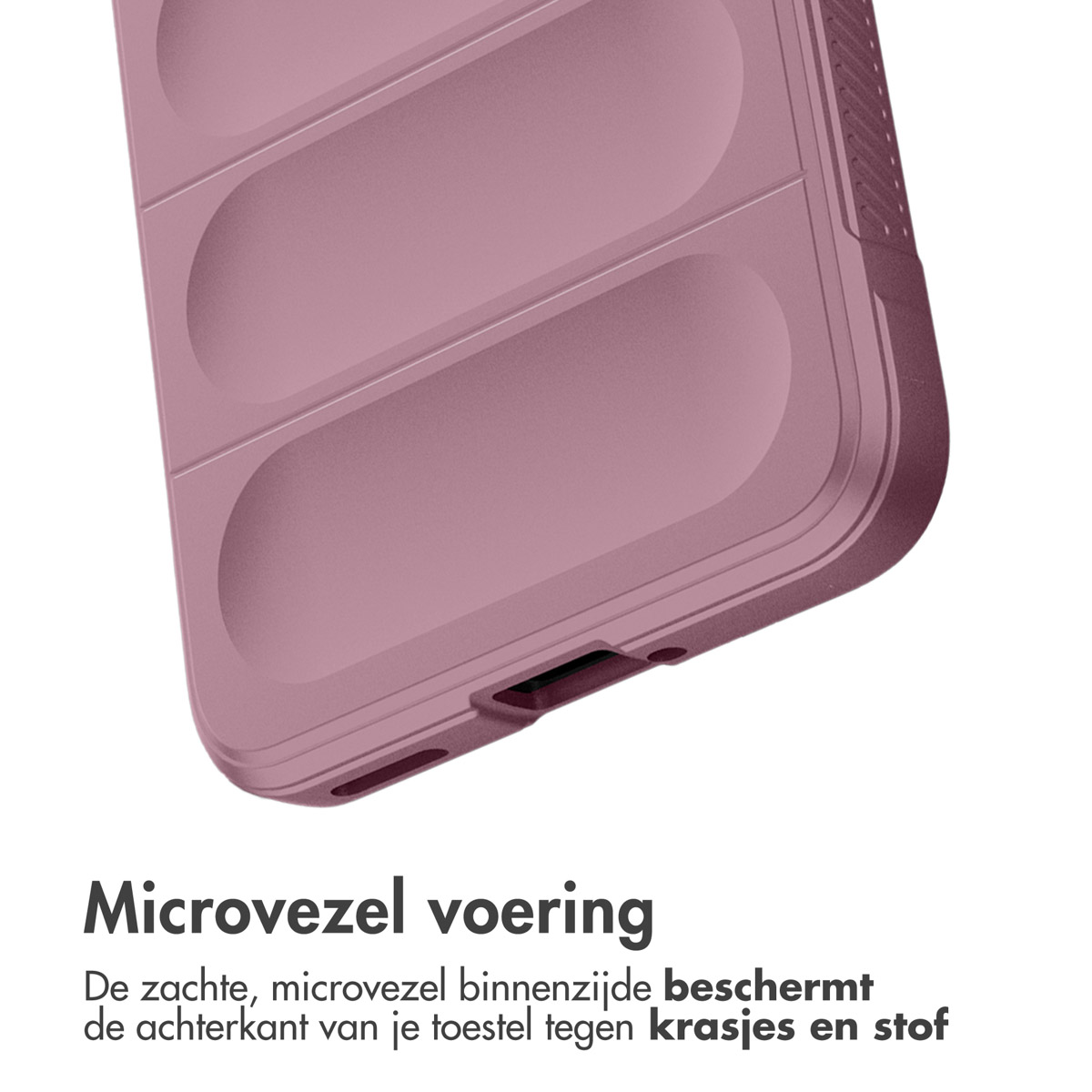 Gros plan de l'intérieur d'une coque de téléphone rose. Texte : Doublure en microfibre.