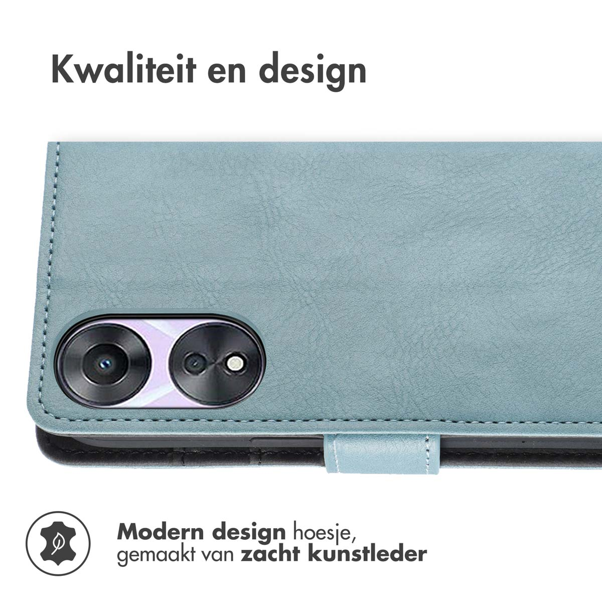 Een telefoonhoesje open, met zicht op de camera. Blauw, getextureerd, witte achtergrond.