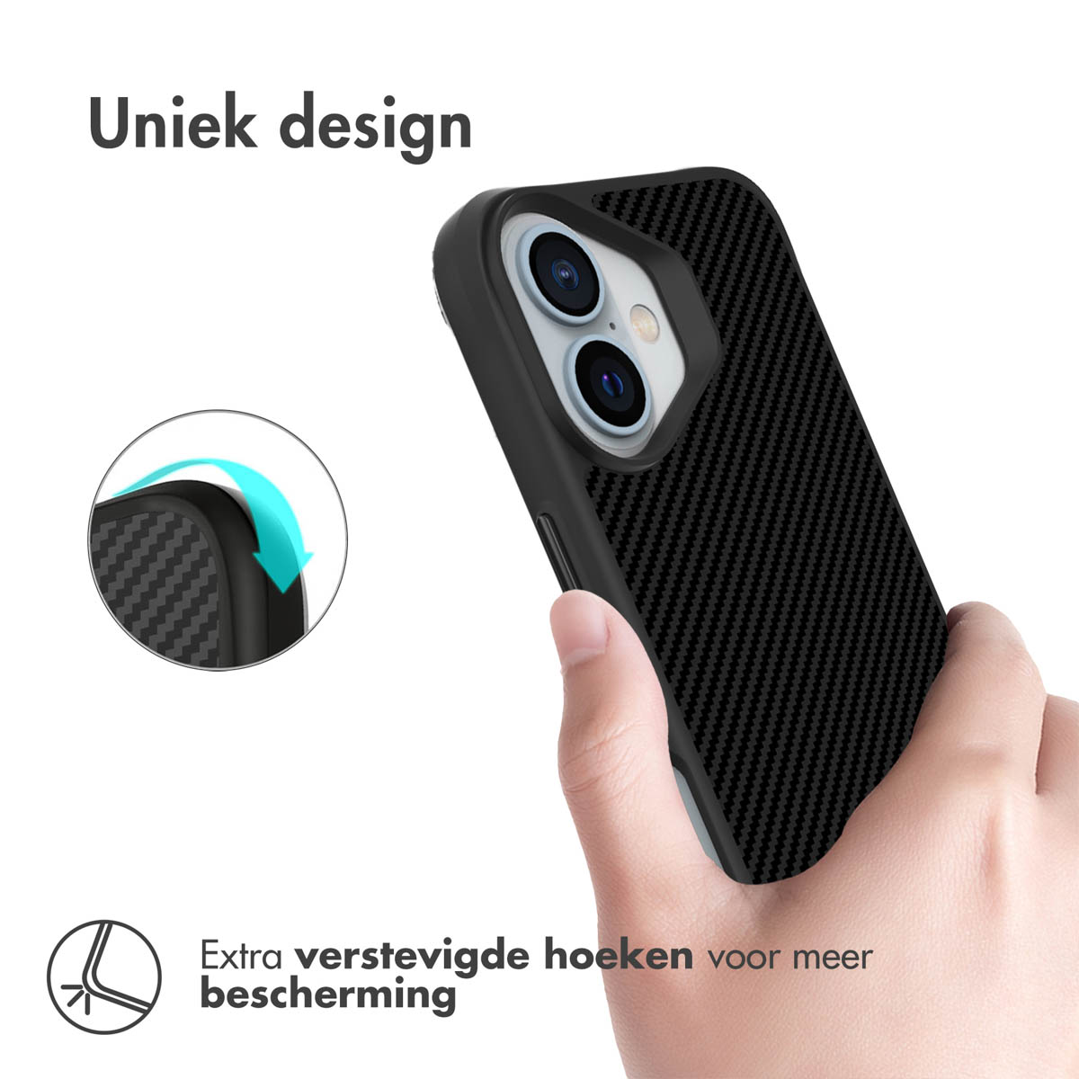 Mano che tiene una custodia per telefono, con un telefono all'interno. La custodia è nera con un motivo in fibra di carbonio. Testo: Design unico.