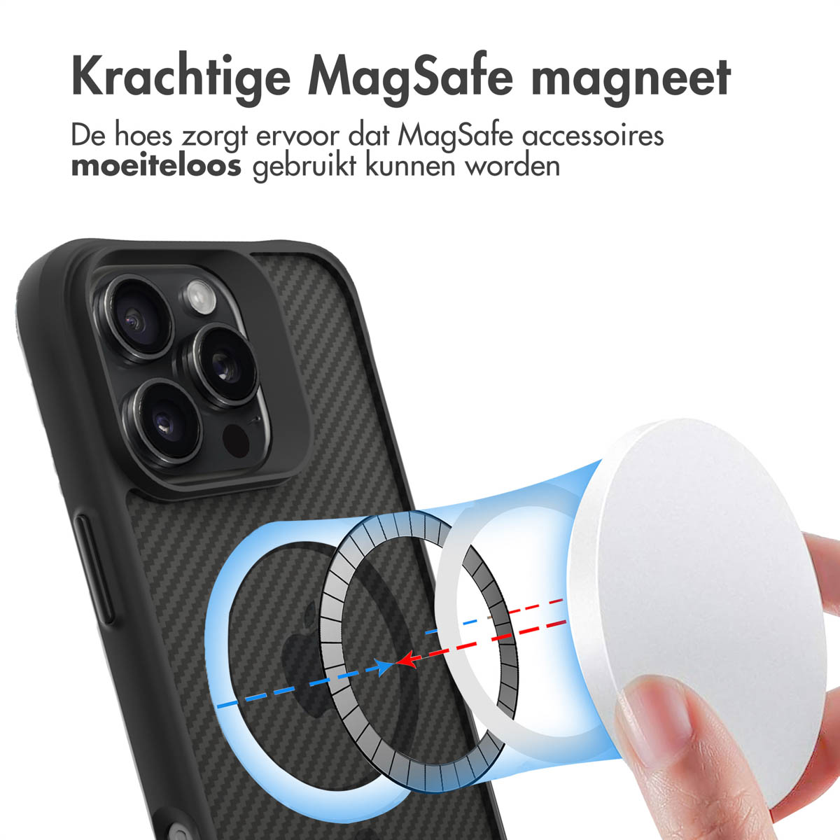 iPhone in una custodia con un caricatore MagSafe che si attacca magneticamente al retro.