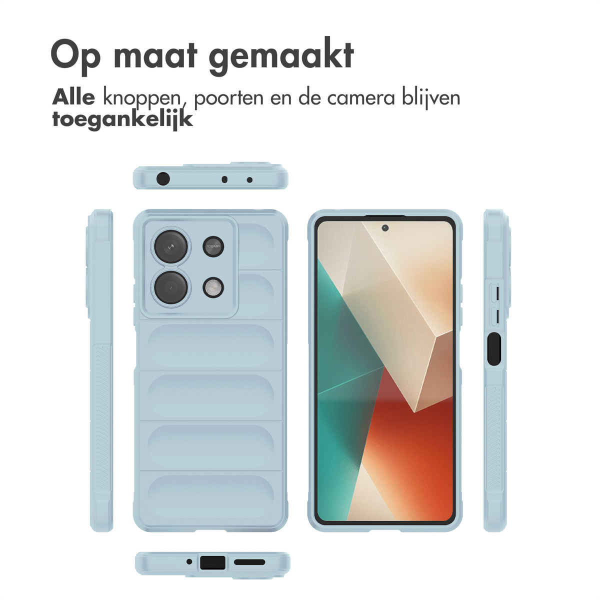 Lichtblauwe telefoonhoes met telefoononderdelen. De hoes heeft een camera en knoppen.