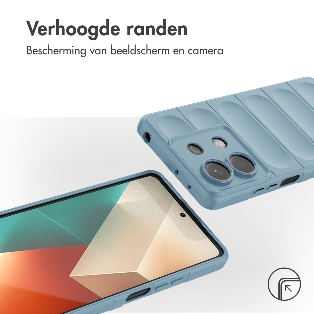 Blauwe telefoonhoes met verhoogde randen, toont scherm- en camerabescherming.