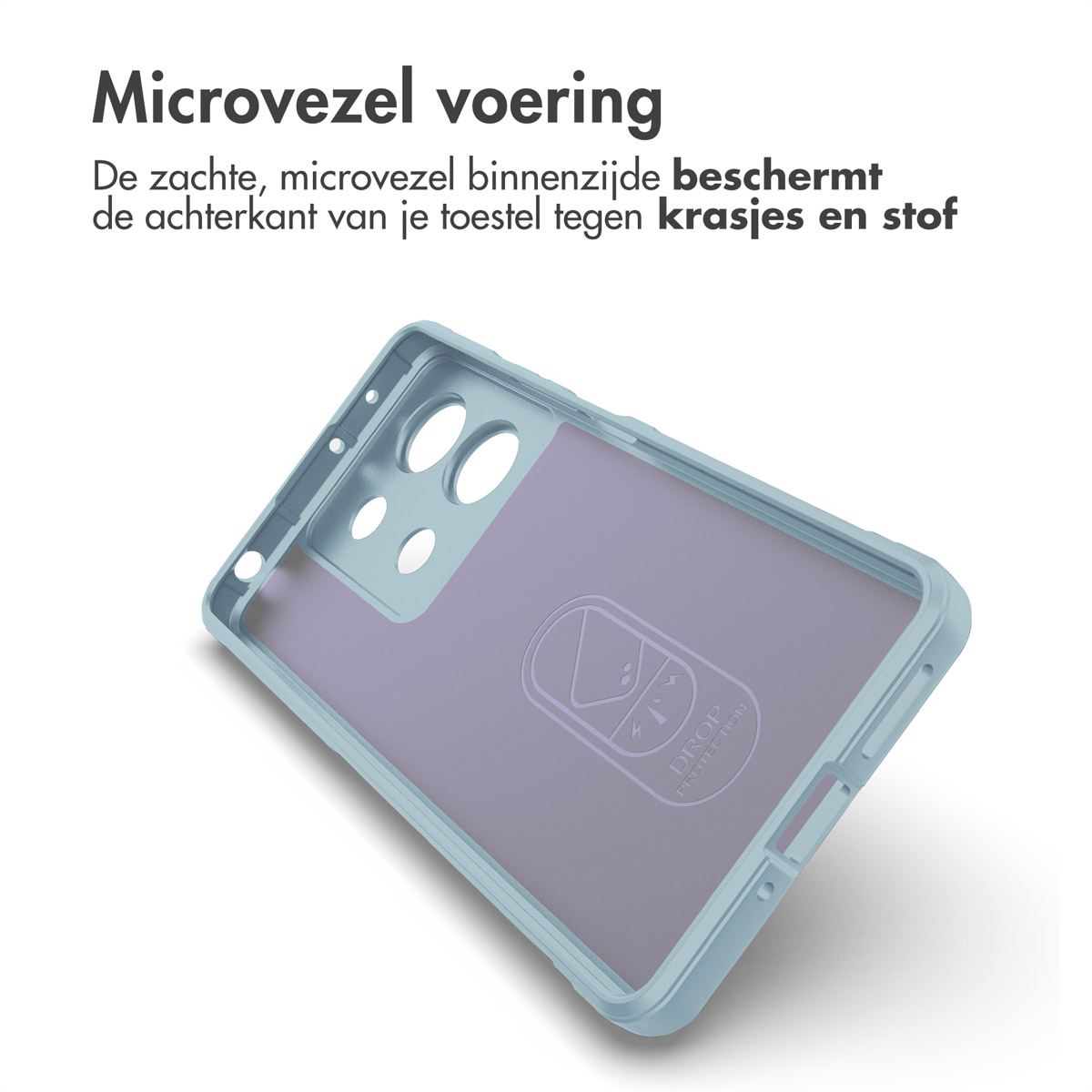 Lichtblauwe telefoonhoes binnenkant met paarse telefoon, Drop Protection logo.