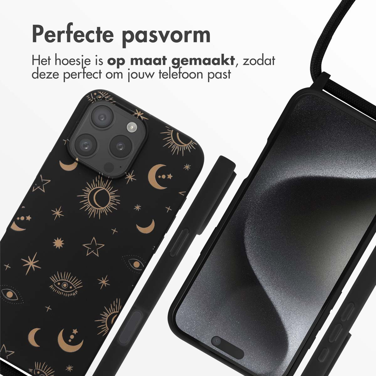 Due custodie per telefono, una su un telefono. Primo piano di una custodia nera con design dorato. Un cordino nero.