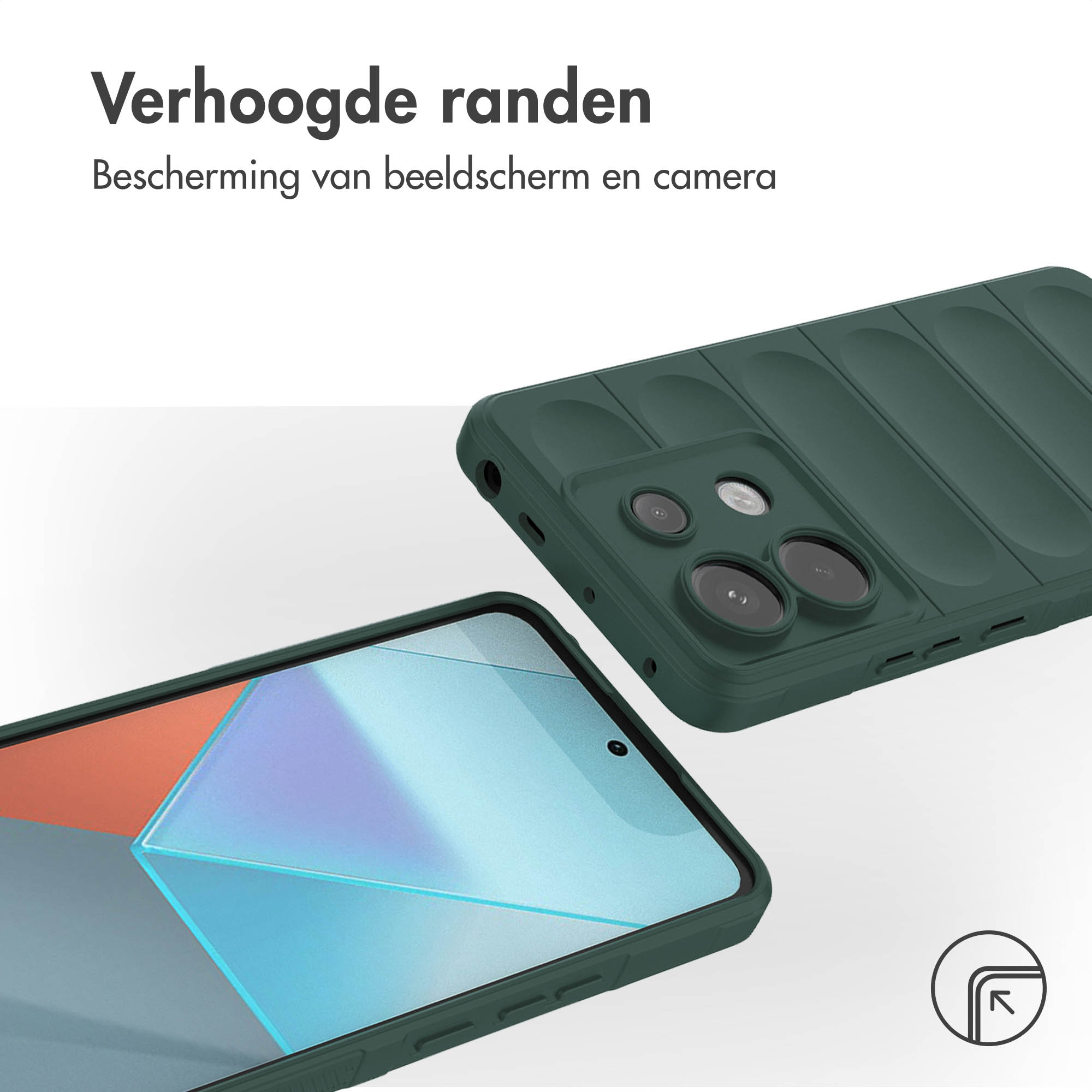 Twee groene telefoonhoesjes. Eén zit op een telefoon en de ander erboven.