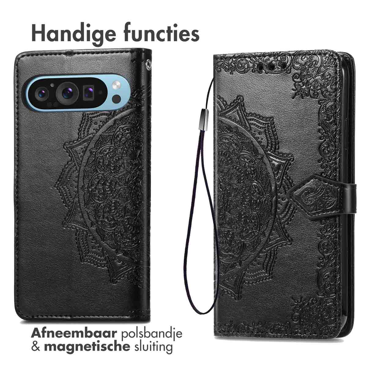 Coque de téléphone noire avec lanière, design détaillé, deux vues.