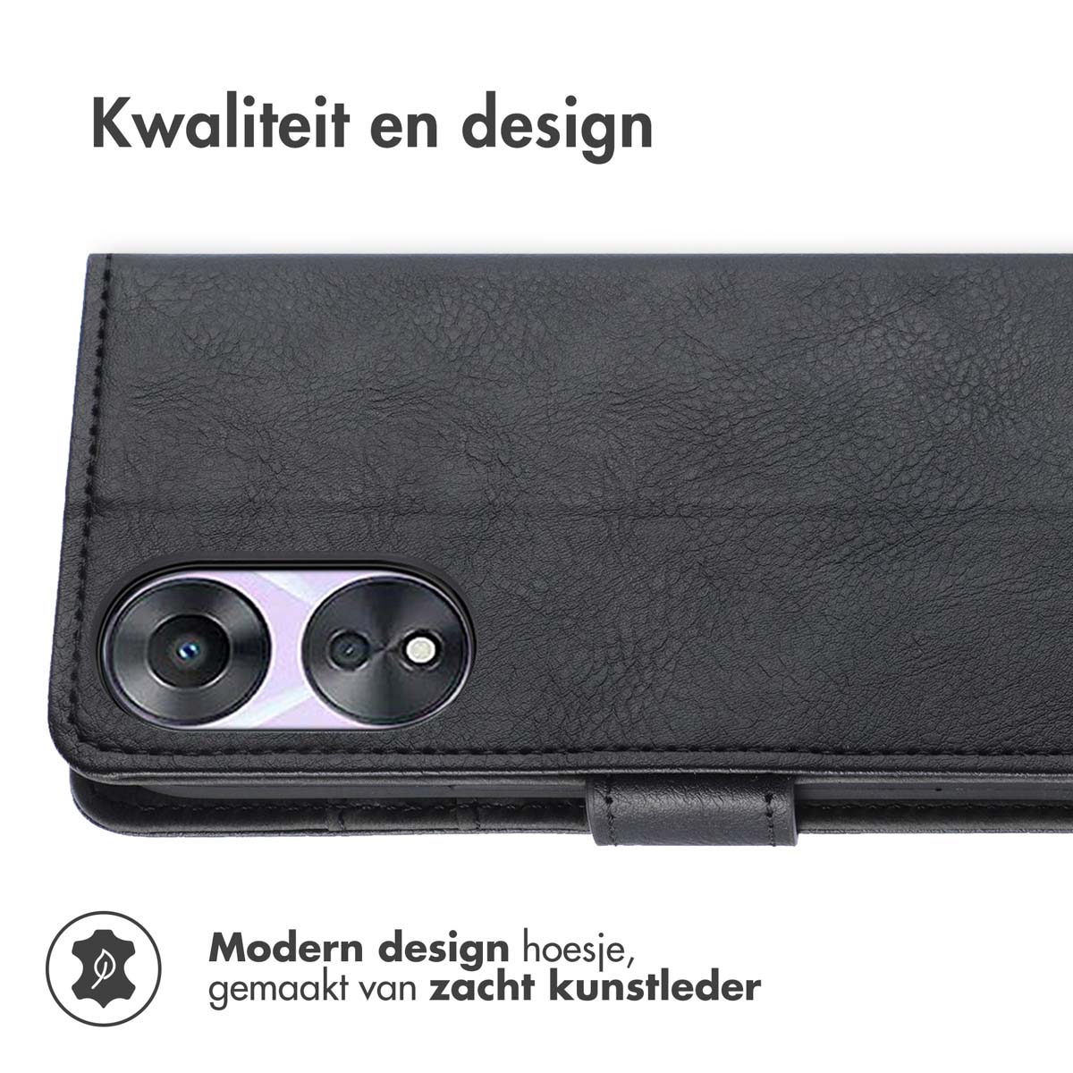 Een telefoonhoesje open, met zicht op de camera. Zwarte, getextureerde hoes, witte achtergrond.
