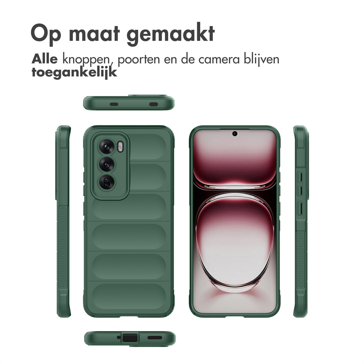 Una custodia verde per telefono con una sezione per la fotocamera. Mostra le viste laterali e dall'alto.