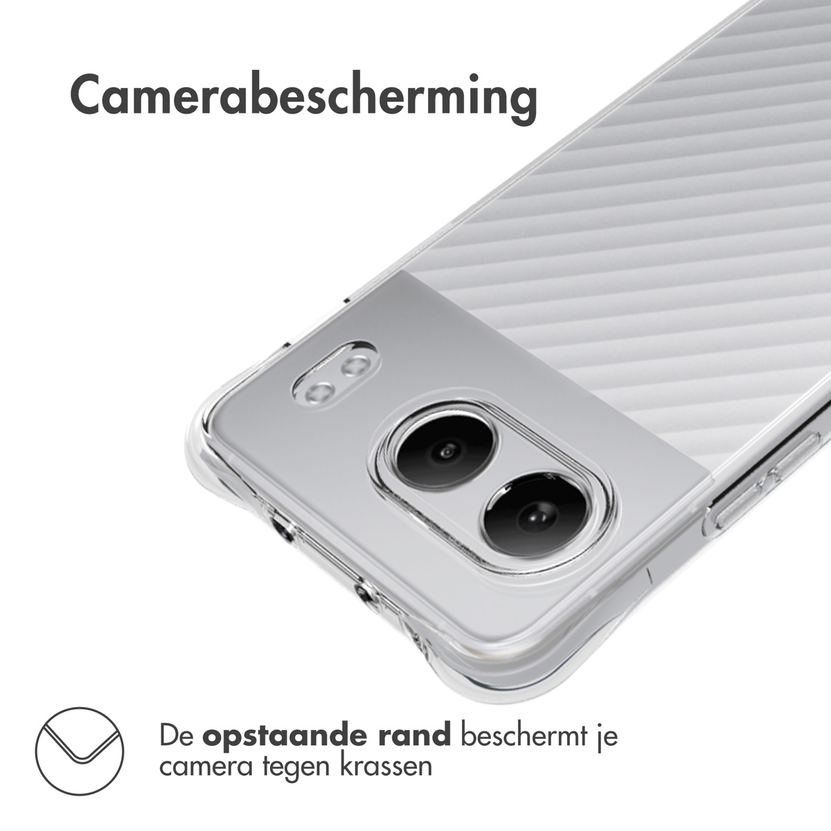 Eine transparente Handyhülle mit silbernem Streifen, die die Kamera abdeckt. Text: Kameraschutz. Erhöhter Rand schützt Kamera.