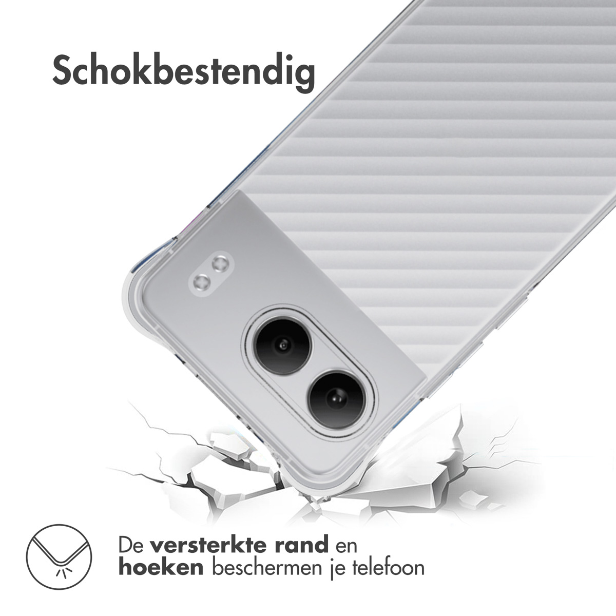 Eine Handyhülle mit Rissen, die vom Boden ausgehen. Die Hülle ist weiß mit Linien.