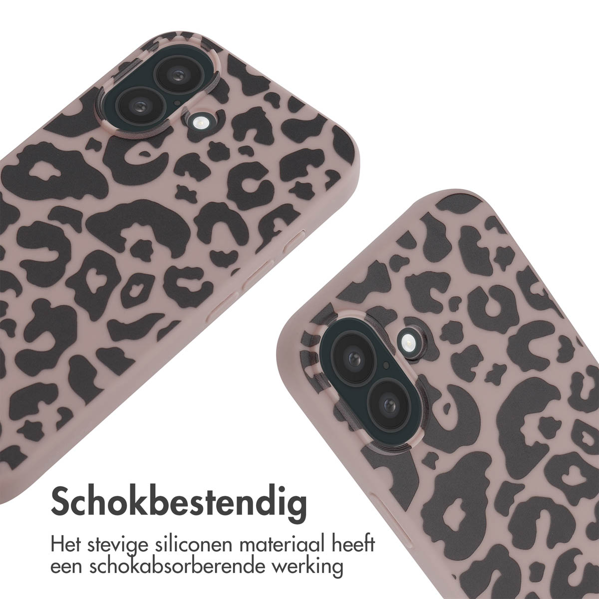 Twee telefoonhoesjes met een luipaardprint. De hoesjes zijn roze met zwarte vlekken. Tekst: 'Schokbestendig'.