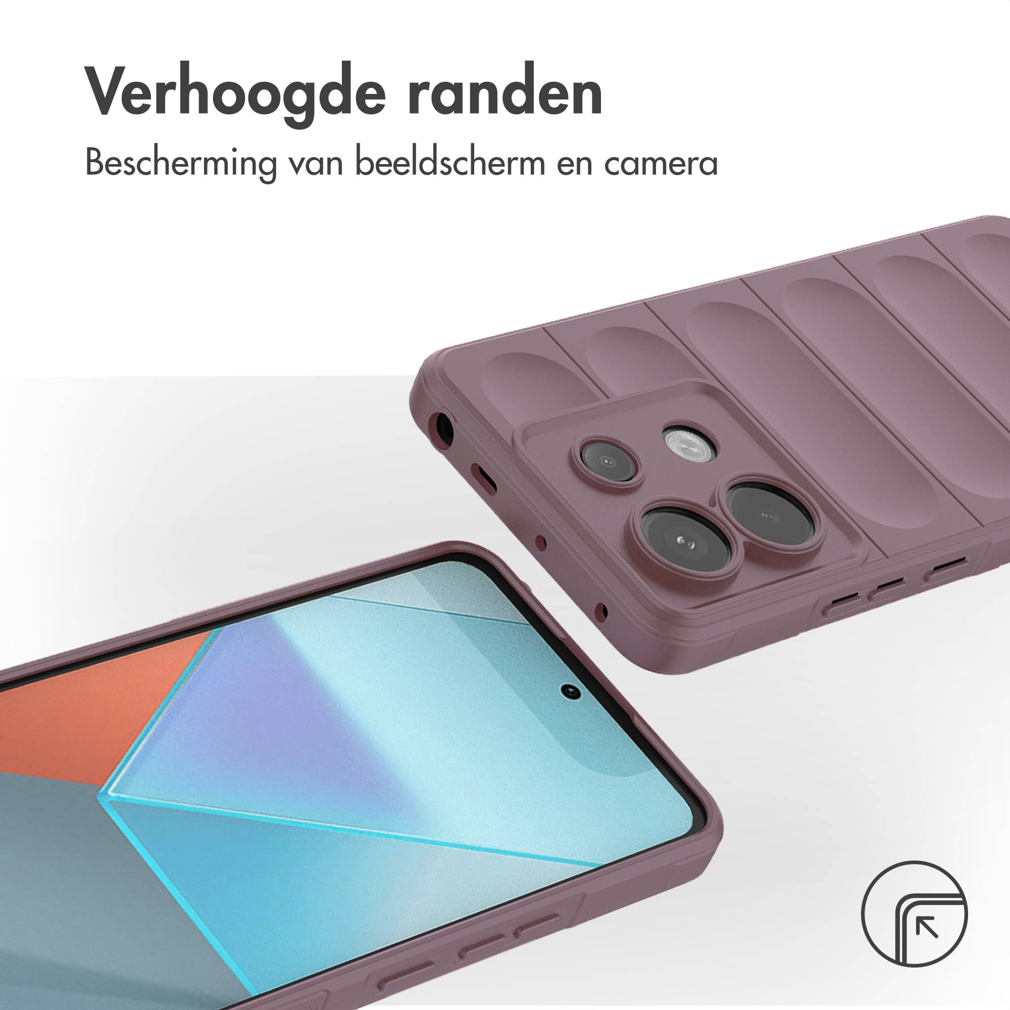 Blauw telefoonhoesje met madeliefjespatroon. Twee hoesjes worden getoond, één met een telefoon.