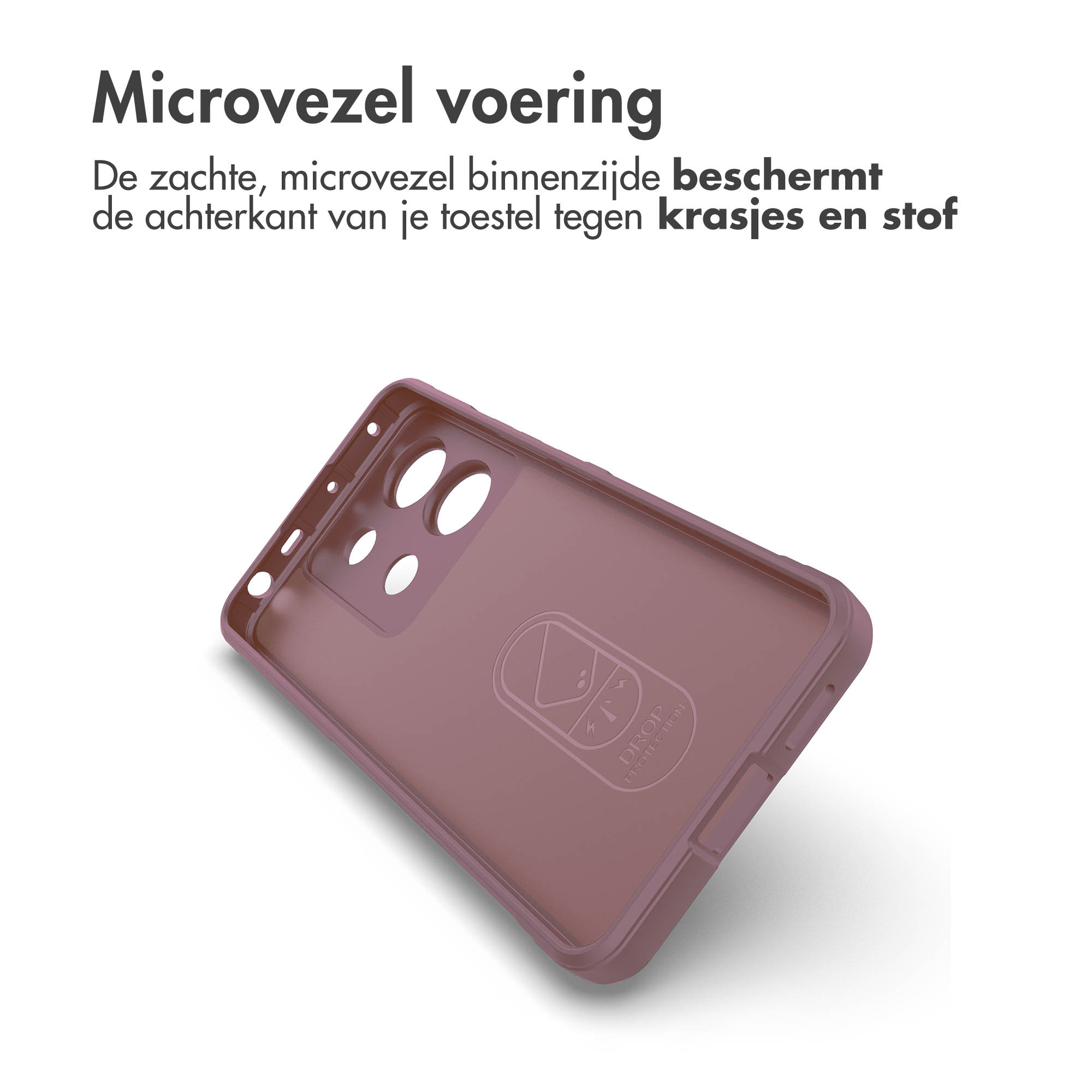 Een telefoonhoesje in mauve kleur, interieur zichtbaar, met een logo.