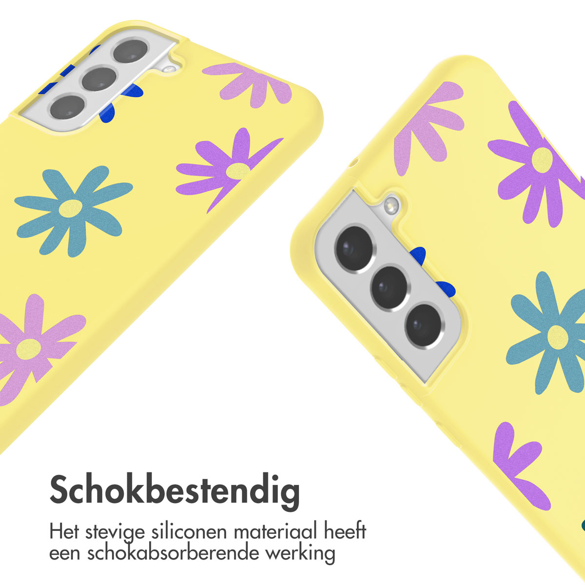 Blauw telefoonhoesje met madeliefjespatroon. Twee hoesjes worden getoond. Eén met telefoon.