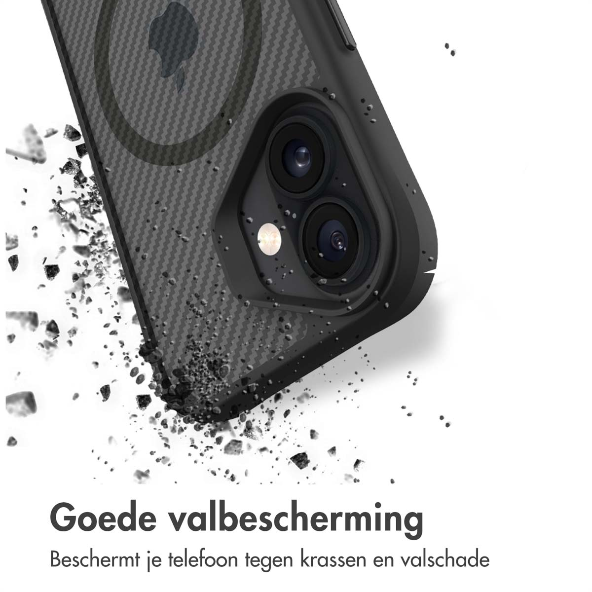 Coque de téléphone avec texture fibre de carbone. Débris autour du téléphone.