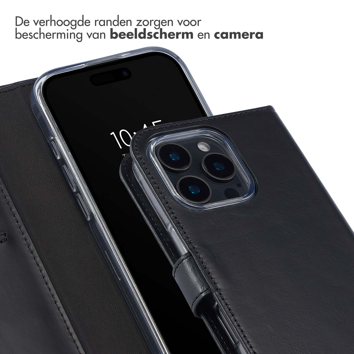 SELENCIA Klapphülle aus Echtleder, Bookcover, Apple, iPhone 16 Pro Max, Schwarz