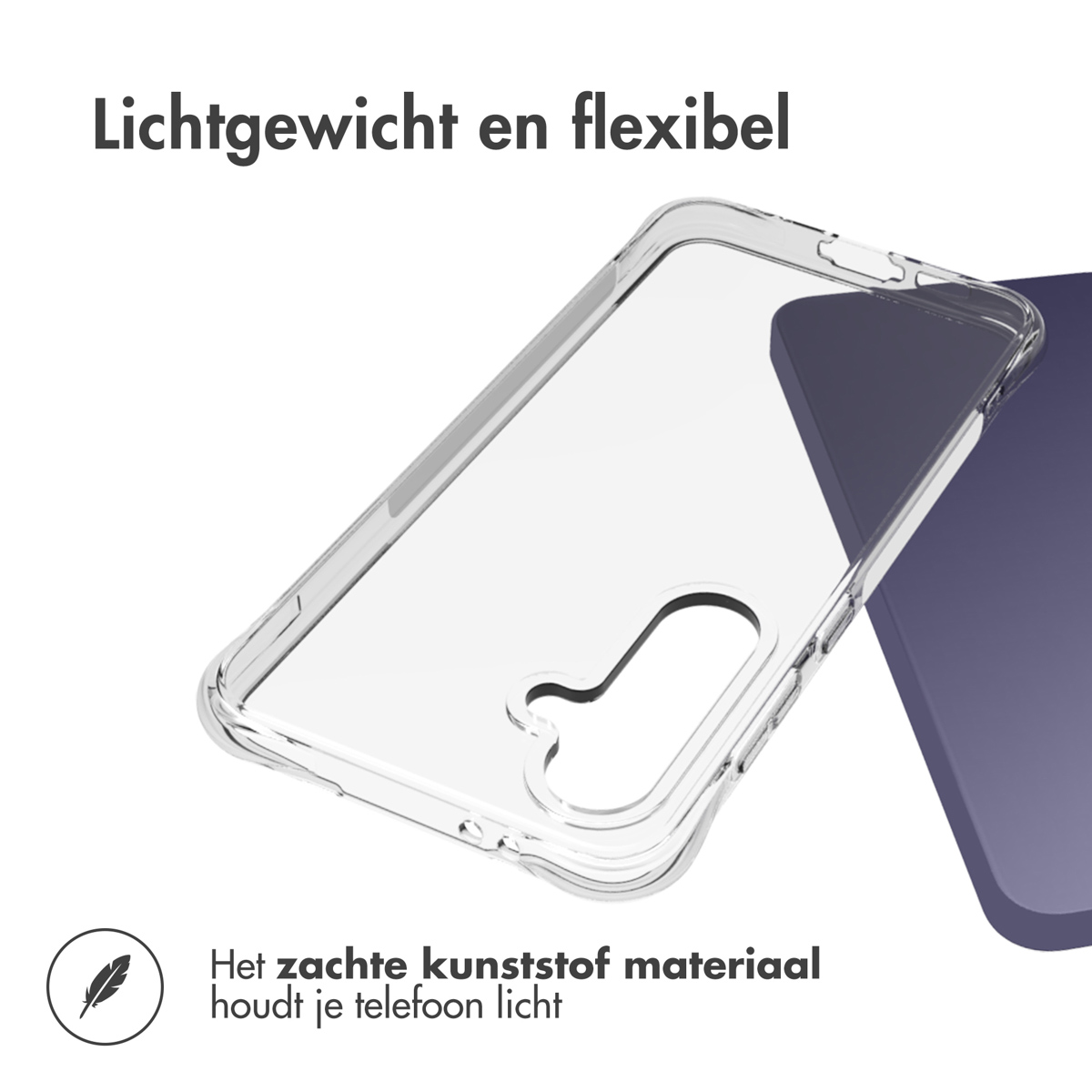Eine transparente Handyhülle mit einem Telefon. Der Text lautet Leicht und flexibel.