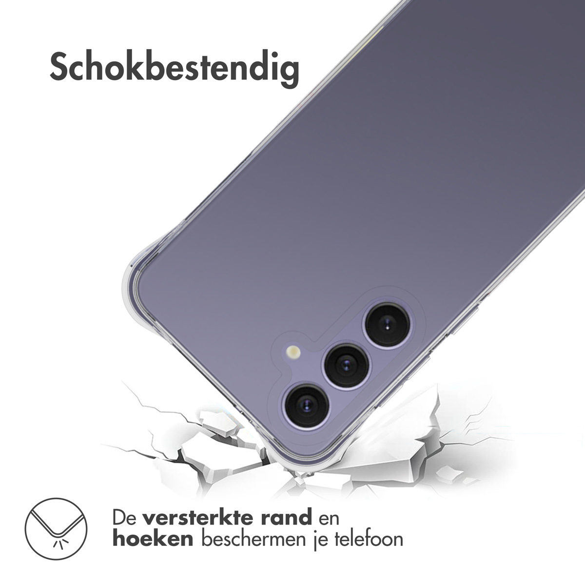 Ein Telefon in einer durchsichtigen Hülle, das Stoßfestigkeit mit einem darunter liegenden Riss darstellt.