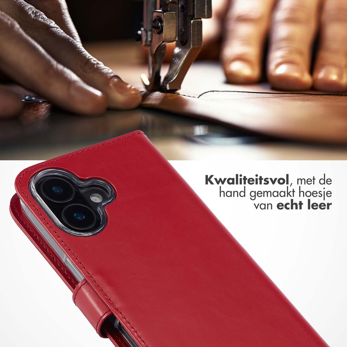 SELENCIA Echt Lederen Bookcase - Geschikt voor Apple iPhone 16 Plus - Telefoonhoesje voor Apple iPhone 16 Plus Rood