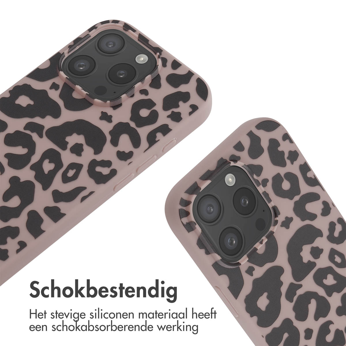 Twee telefoonhoesjes met luipaardprint. Tekst: 'Schokbestendig'. Roze en zwart patroon. Close-up.