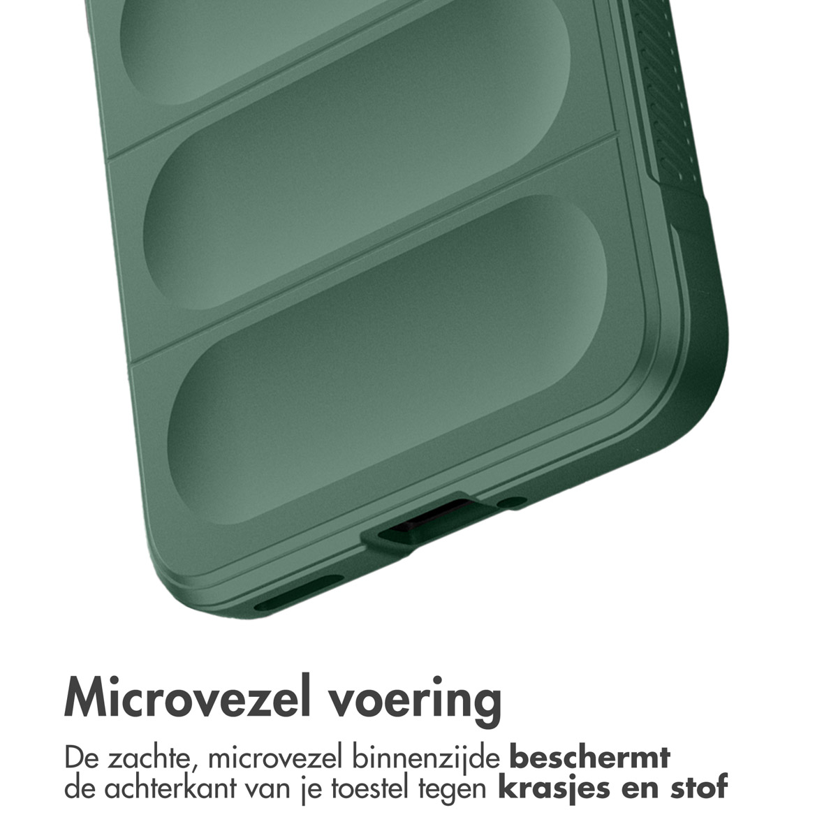 Groene telefoonhoes met de tekst: 'Microvezelvoering beschermt de achterkant van je toestel'.