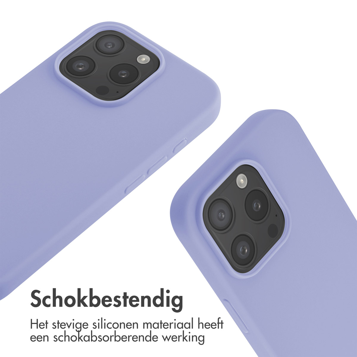 Twee lila telefoonhoesjes met camera-uitsparingen. Tekst: Schokbestendig. Het siliconenmateriaal heeft schokabsorberende eigenschappen.