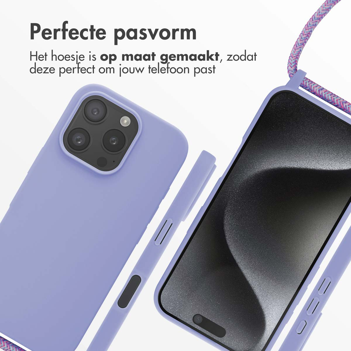 Twee paarse telefoonhoesjes, één met een telefoon, met de tekst 'Perfecte pasvorm'.