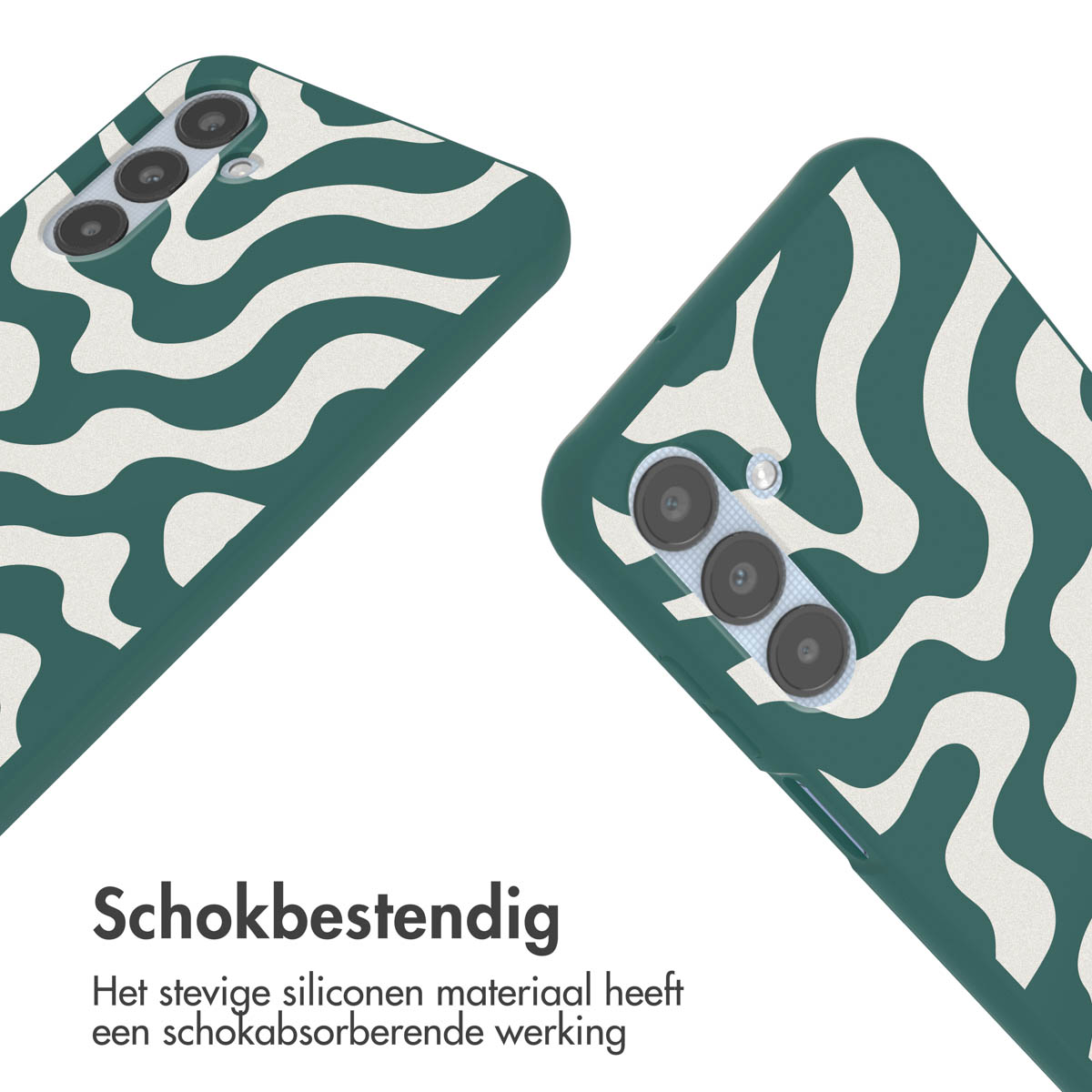 Twee telefoonhoesjes met een golvend patroon. De hoes is groen en wit.
