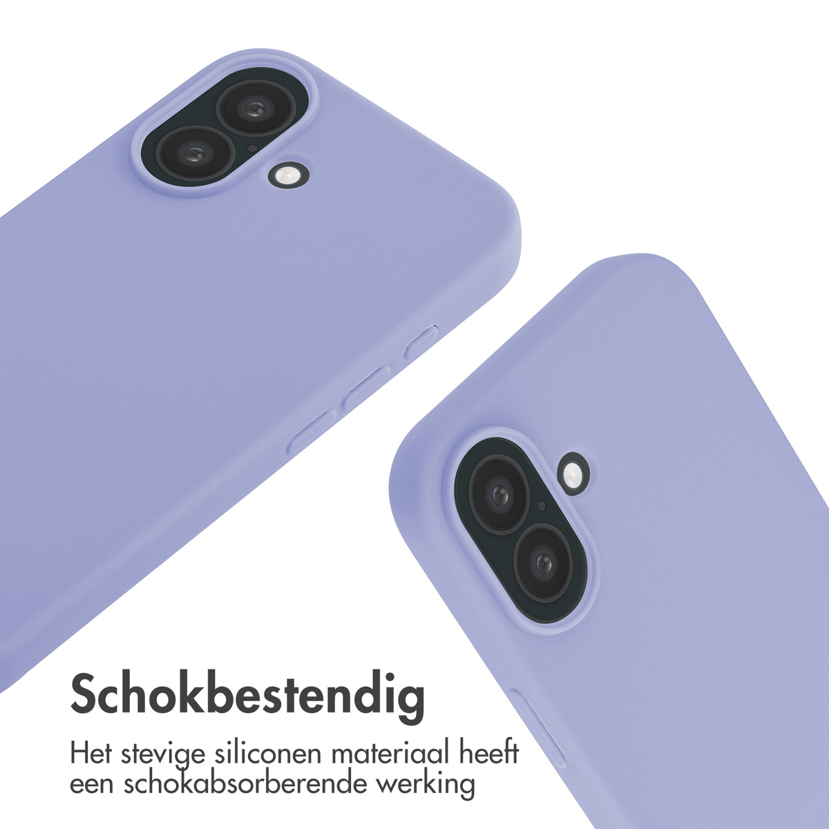 Zwei lila Handyhüllen. Text: Stoßfest. Das robuste Silikonmaterial hat eine stoßdämpfende Wirkung.