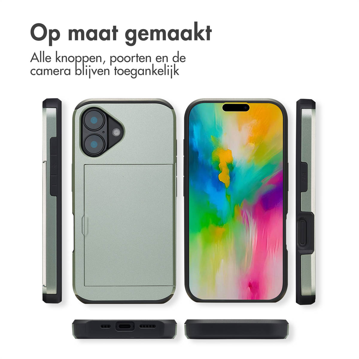 Een telefoonhoesje met een kaartsleuf, met weergaven van voor, achter en zijkant.