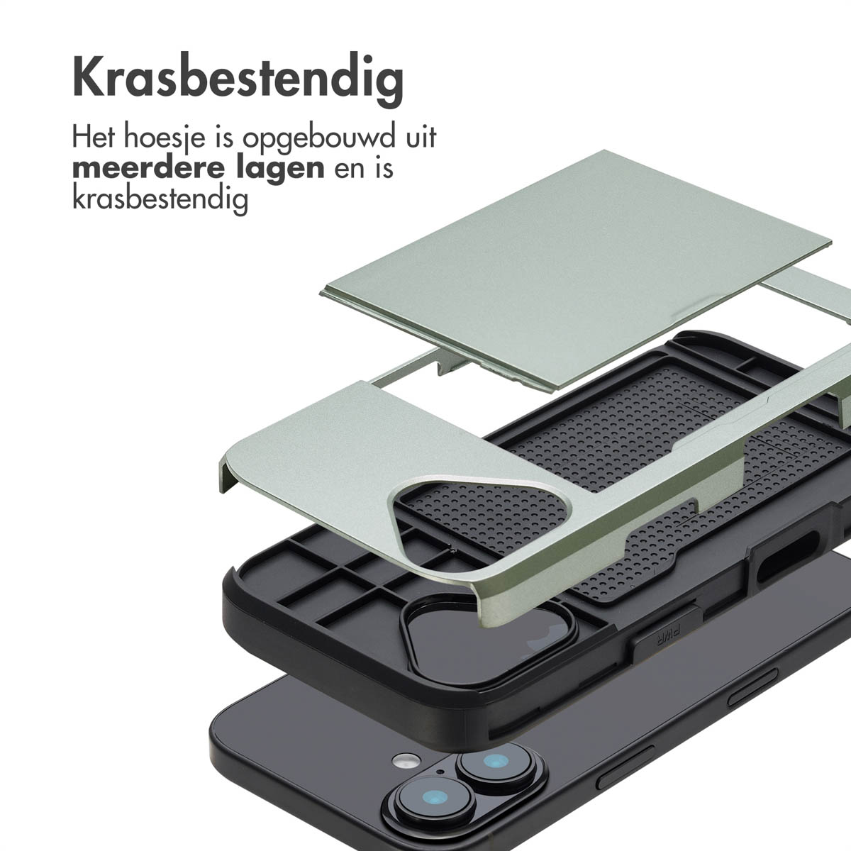 Telefoonhoeslagen geëxplodeerd. Tekst zegt 'Krasbestendig' en 'De hoes is opgebouwd uit meerdere lagen en is krasbestendig'.