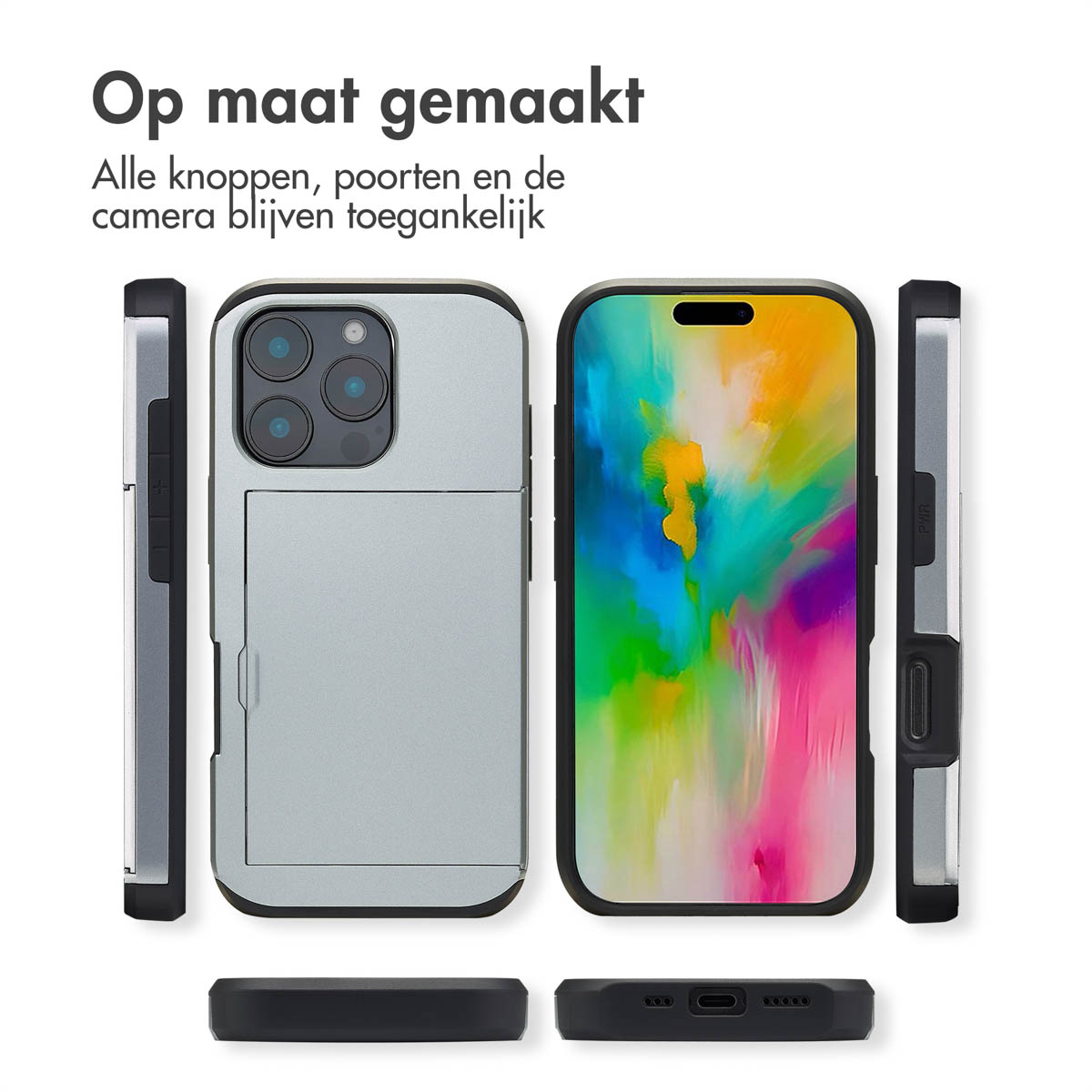 Een telefoonhoesje in meerdere weergaven, met een telefoon. Tekst: Op maat gemaakt, alle knoppen, poorten en camera toegankelijk.