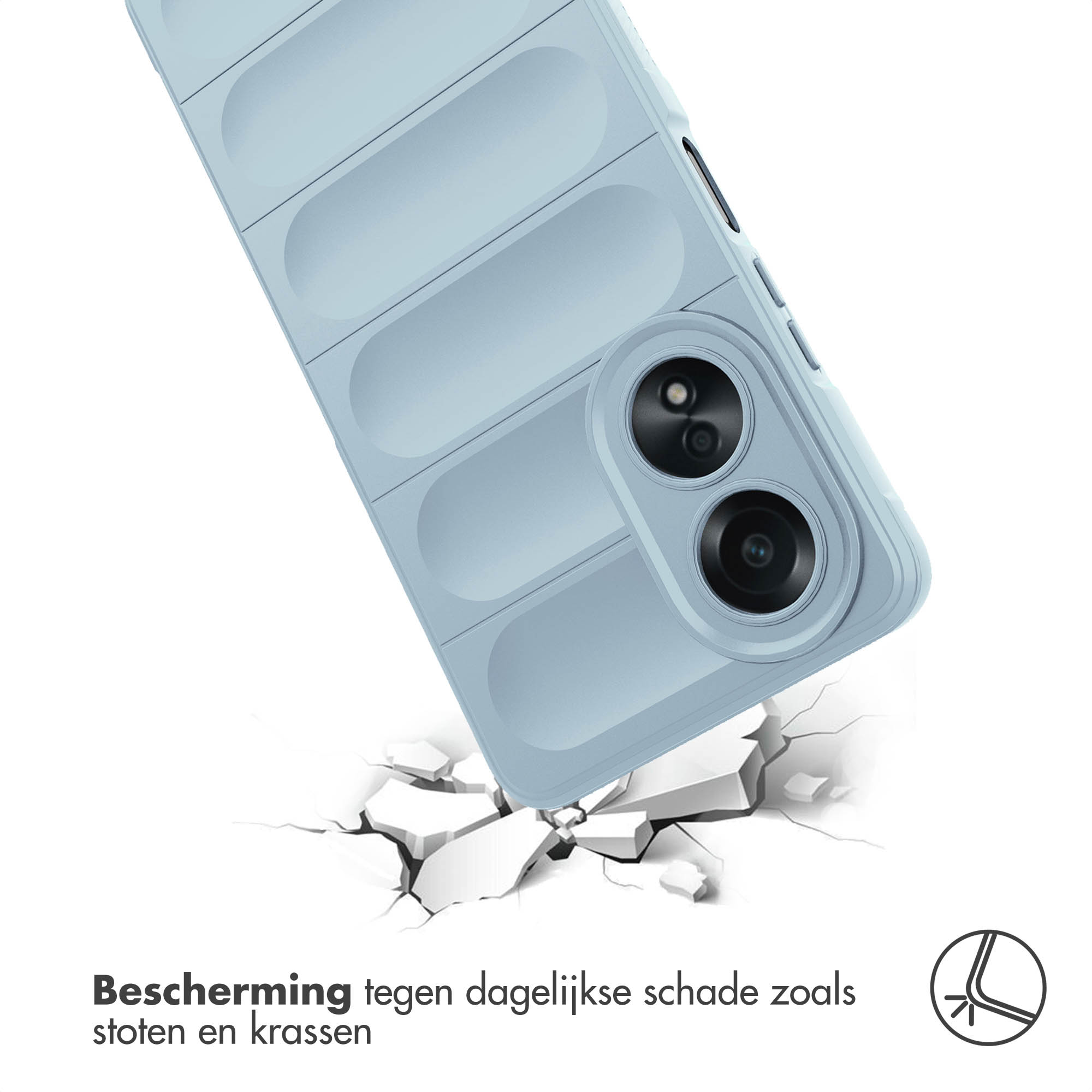 Lichtblauwe telefoonhoes met een telefoon, vallend, met gebarsten grond eronder.