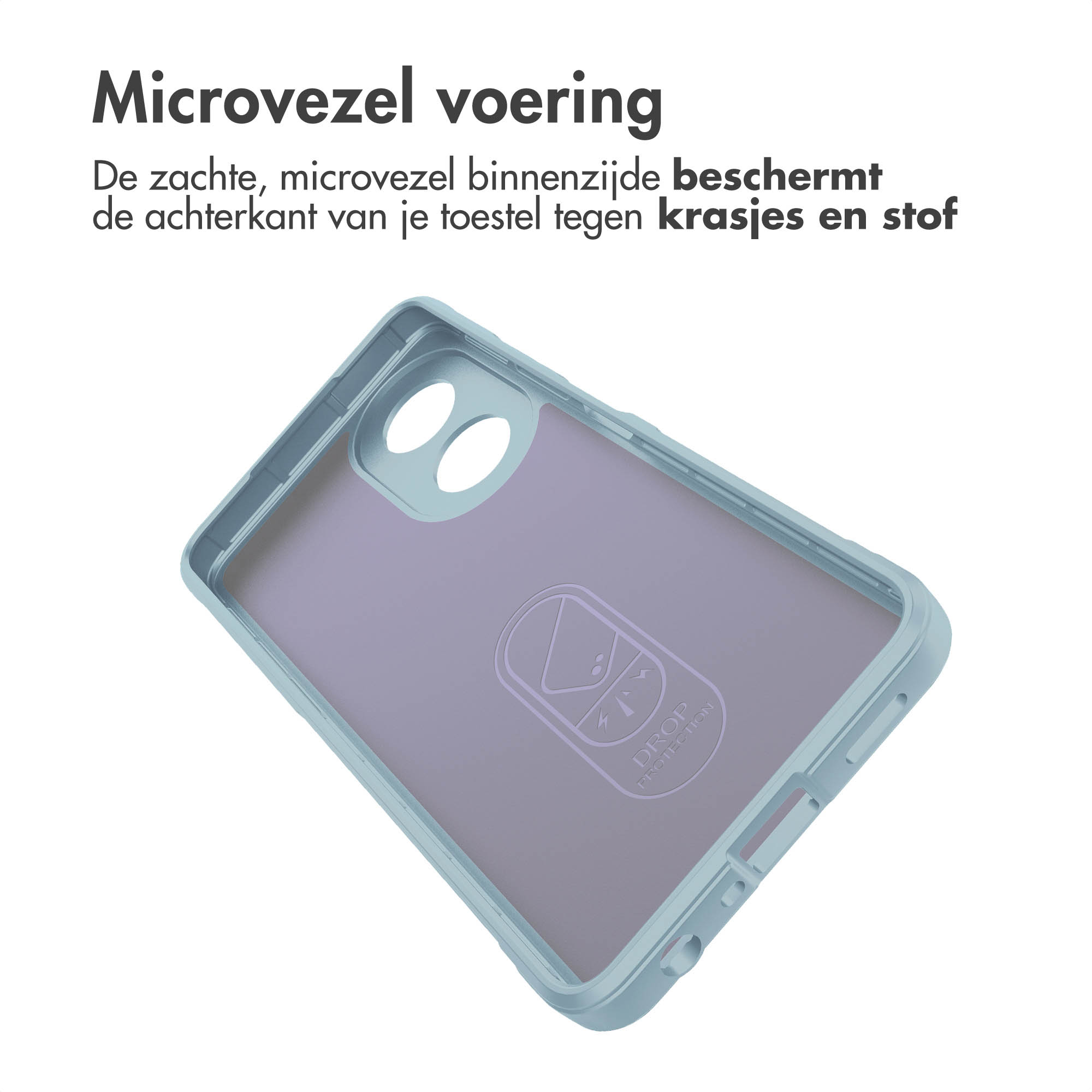 Blauwe telefoonhoes binnenkant met lichtpaarse achterkant, voor telefoonbescherming.