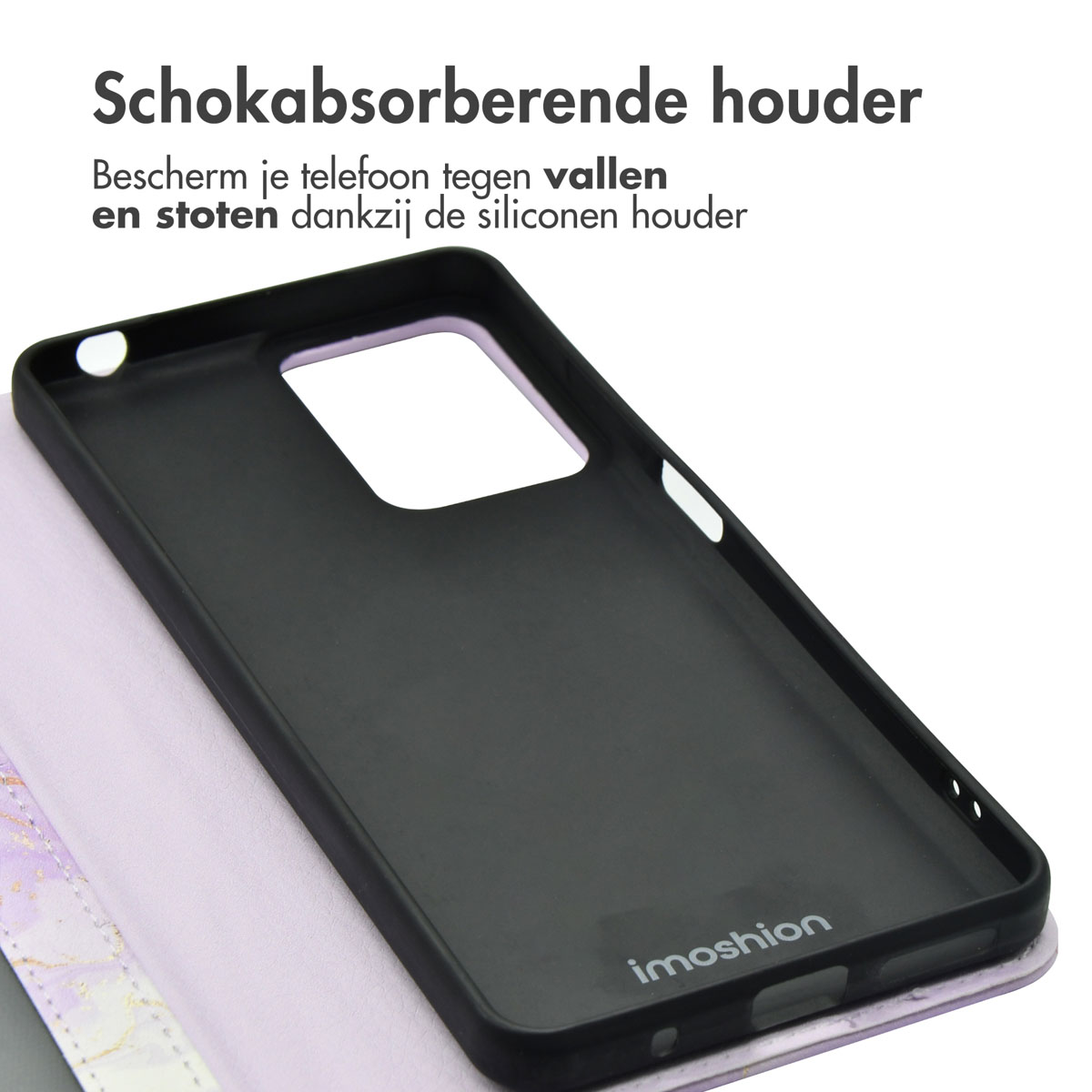 Open telefoonhoes, met paars ontwerp, zwarte houder en het imoshion logo.