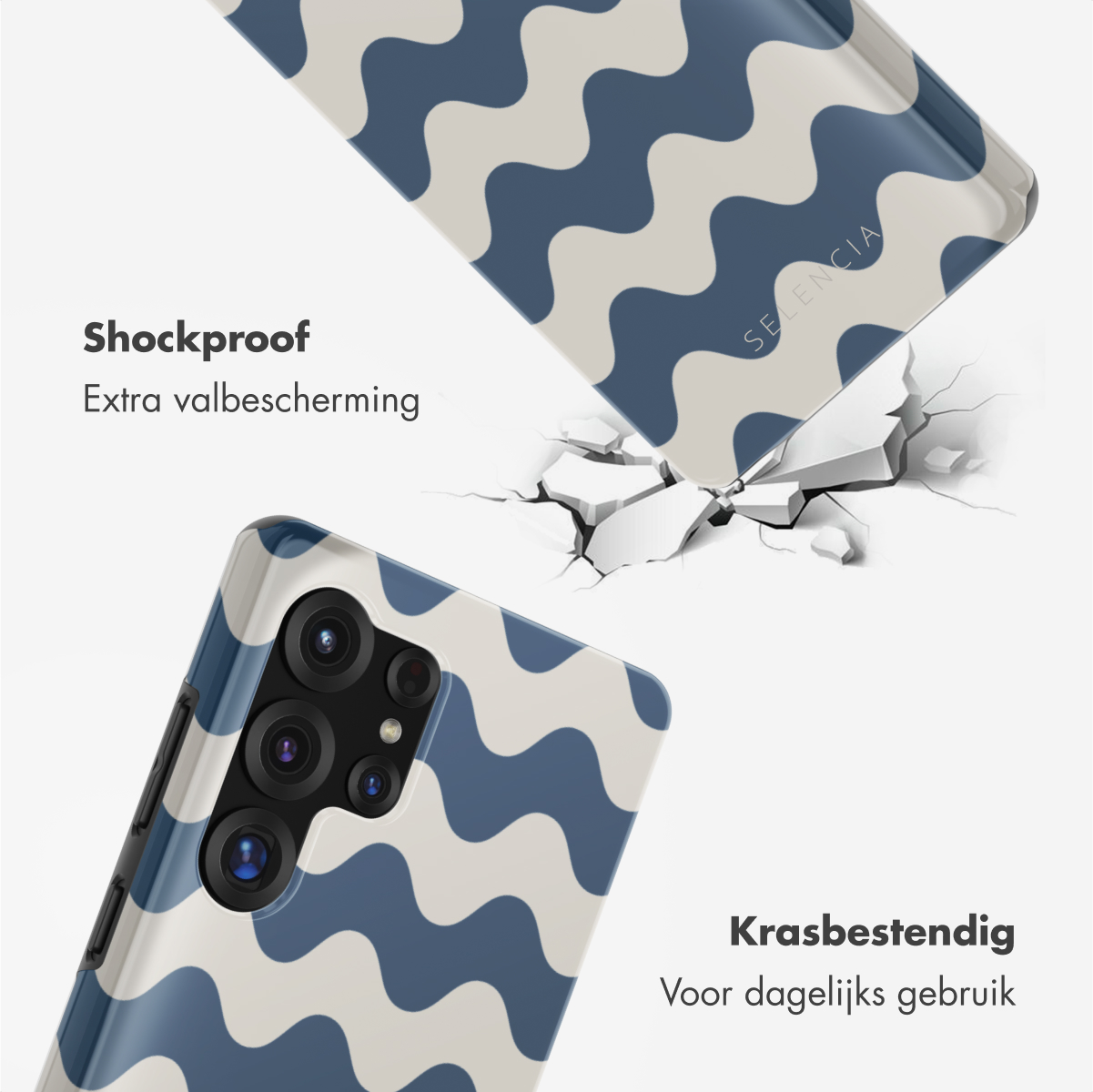 Telefoonhoesje met blauw en wit golfpatroon. De bovenkant van de telefoon bevindt zich boven een gebroken oppervlak.