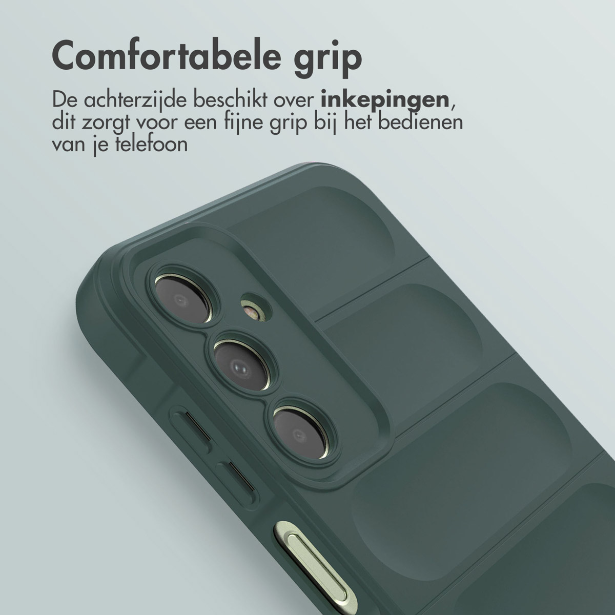 Gros plan sur une coque de téléphone vert foncé avec découpes pour appareil photo et dos texturé.