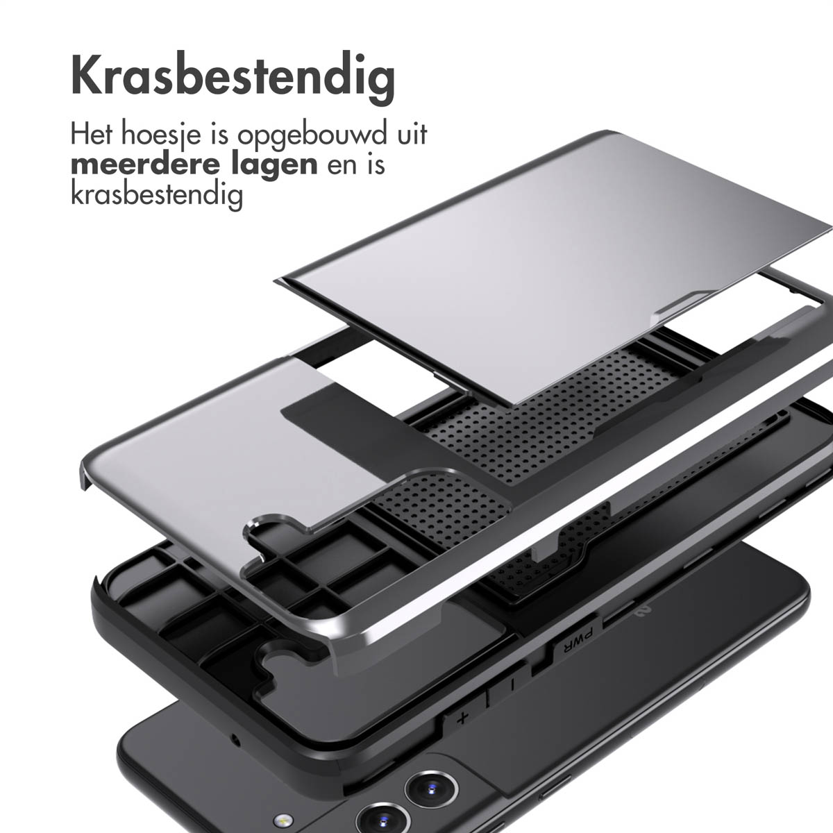 Telefoonhoeslagen. Een donkere telefoon met een zilveren laag, een zwarte laag en een zilveren bovenkant.