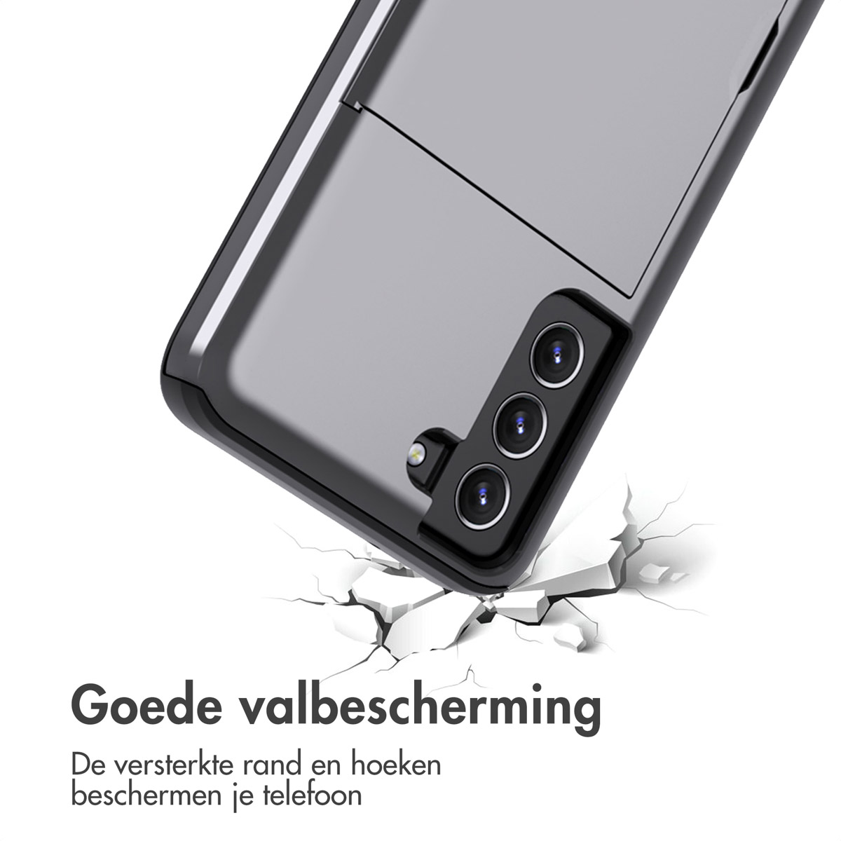 Een telefoonhoesje valt en barst de grond. De hoes is zwart met een camera en een kaartsleuf.