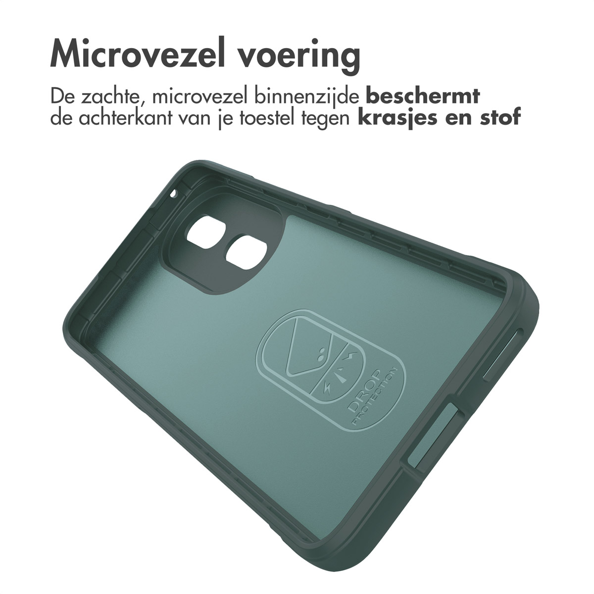 Intérieur d'étui de téléphone vert avec deux trous pour l'appareil photo. La doublure intérieure est douce.