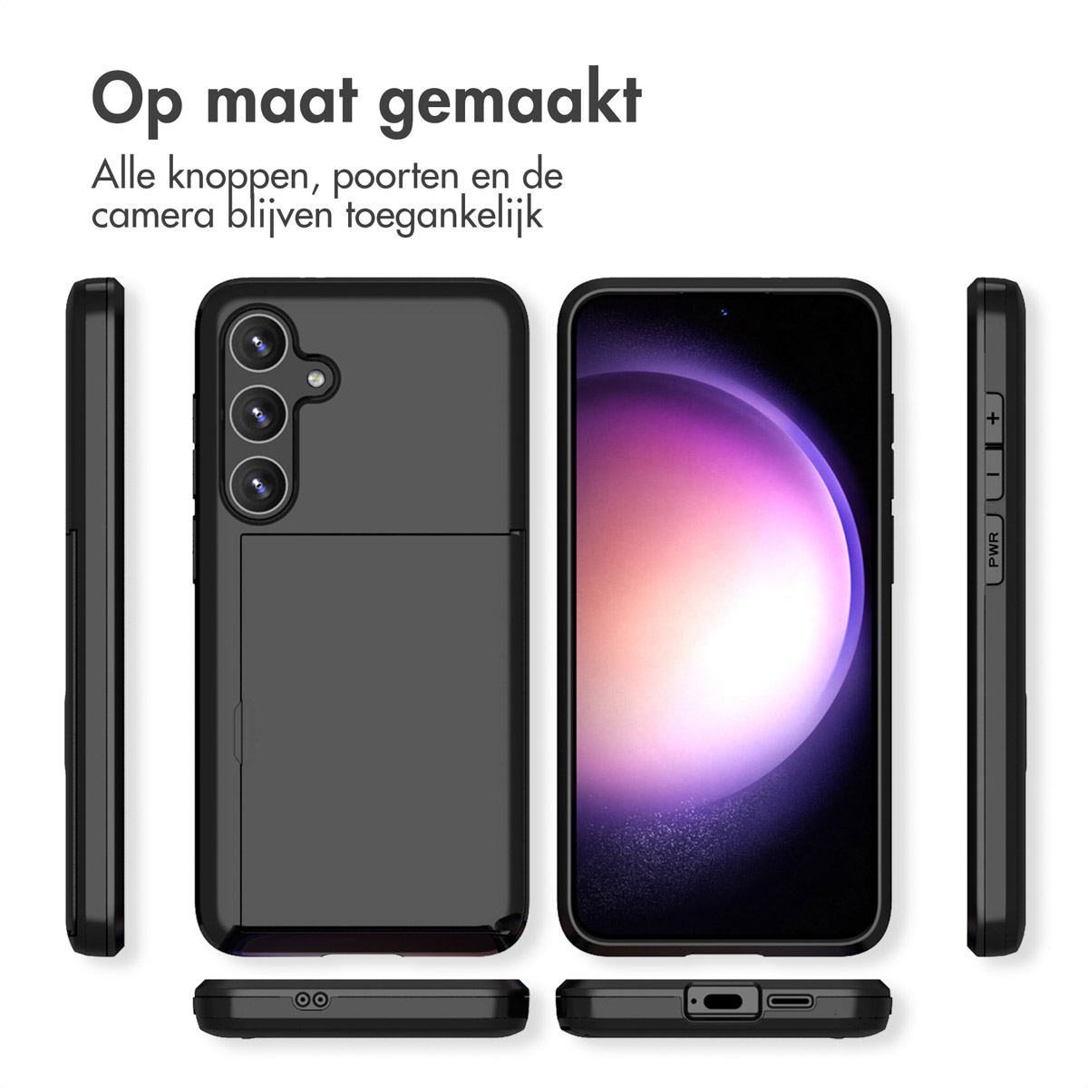 Zwarte telefoonhoes met telefoon rechts. De hoes heeft een kaartsleuf en camera aan de achterkant.