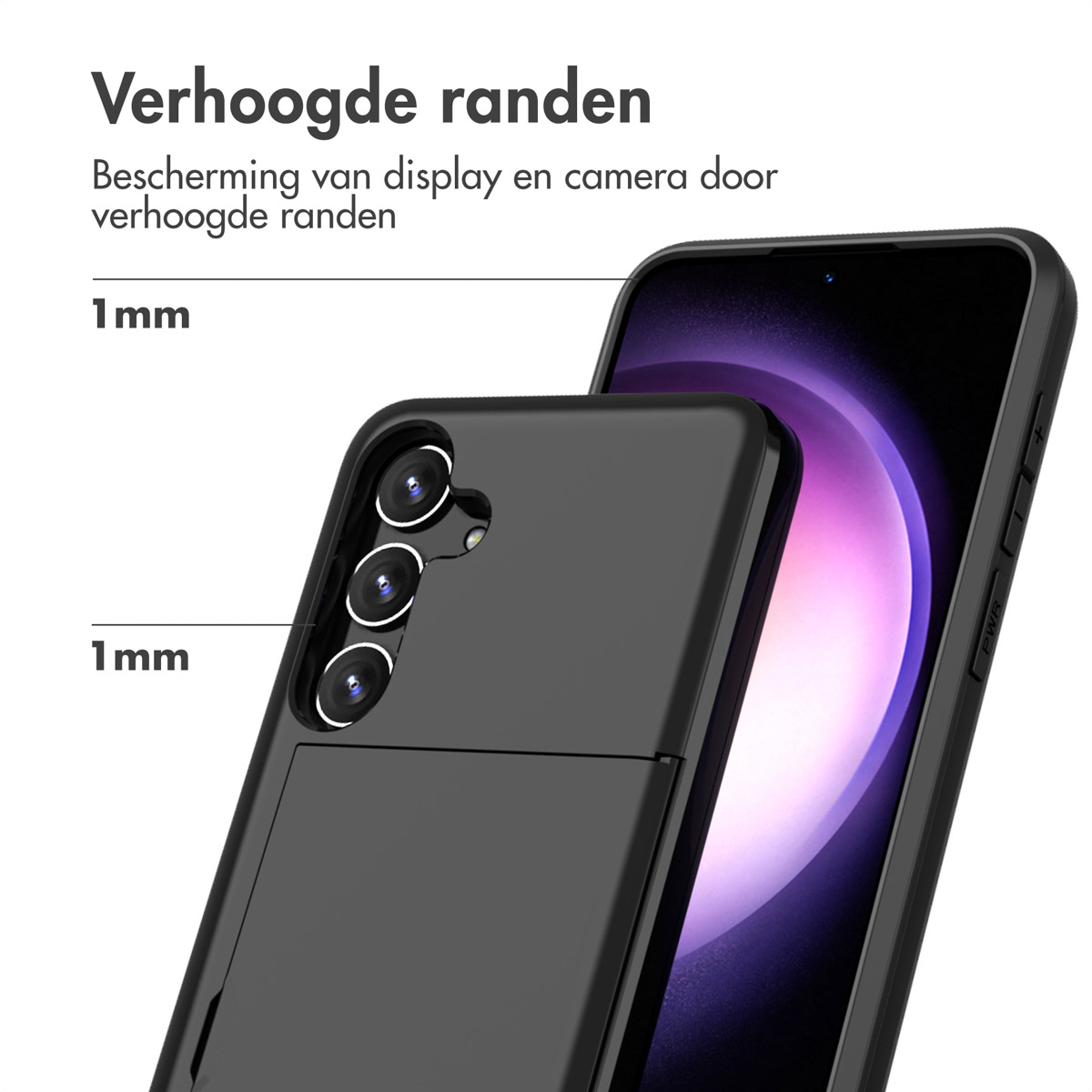 Zwarte telefoonhoes op een telefoon, met verhoogde randen, 1 mm meting.