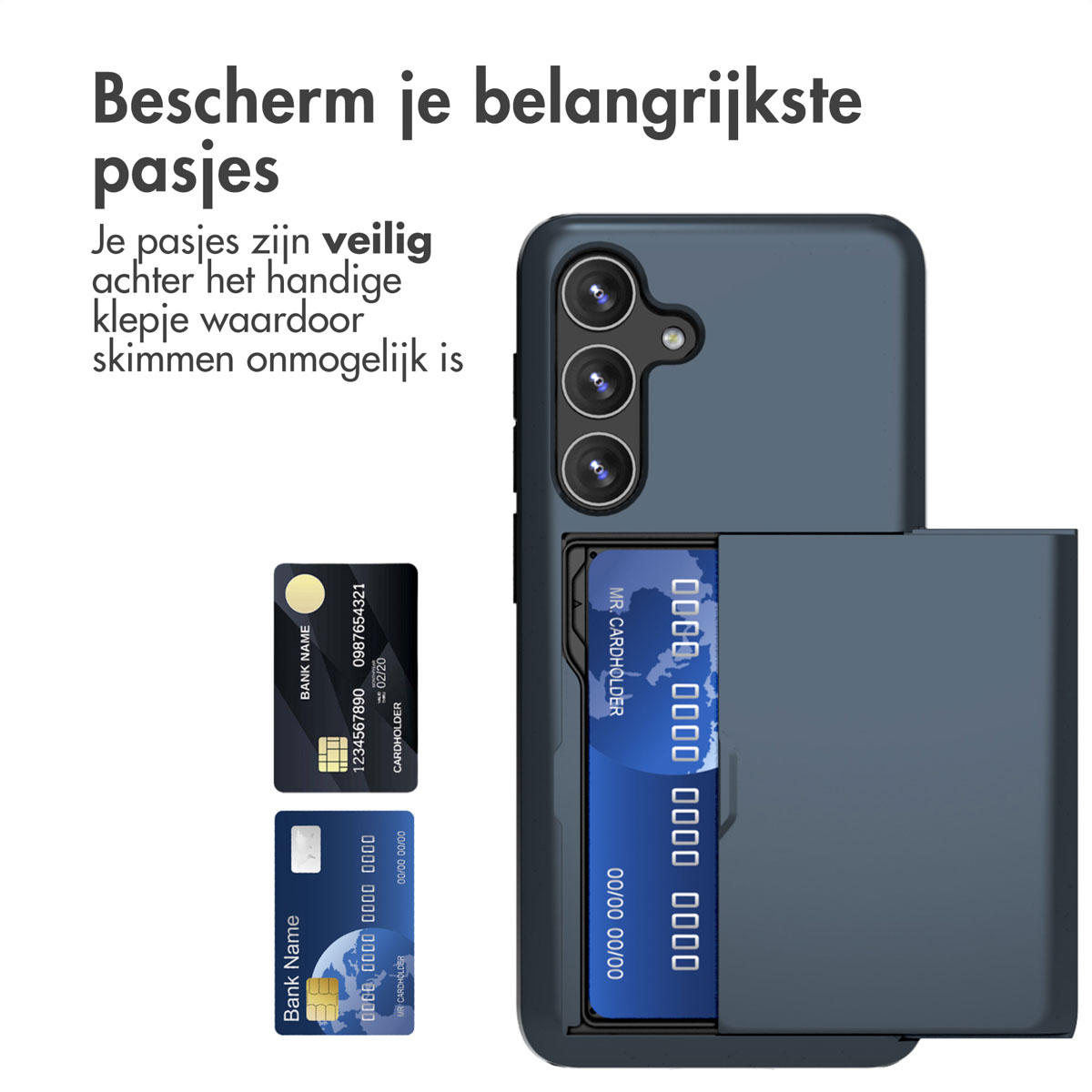 Marineblauwe telefoonhoes met kaartsleuven. Twee kaarten zijn zichtbaar, opgeborgen achter een klepje.